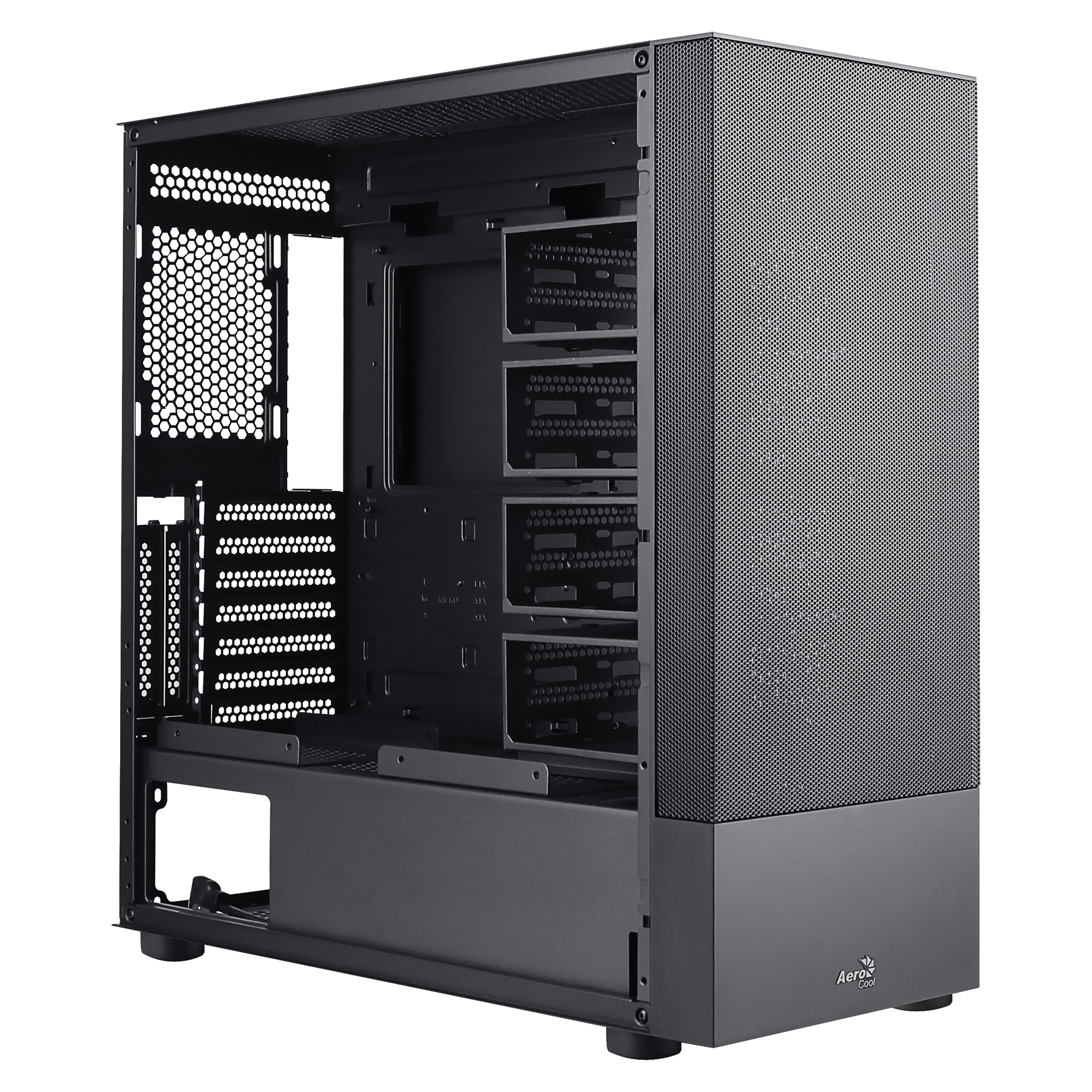 Un case per computer nero con frontale in mesh e fessure di ventilazione.