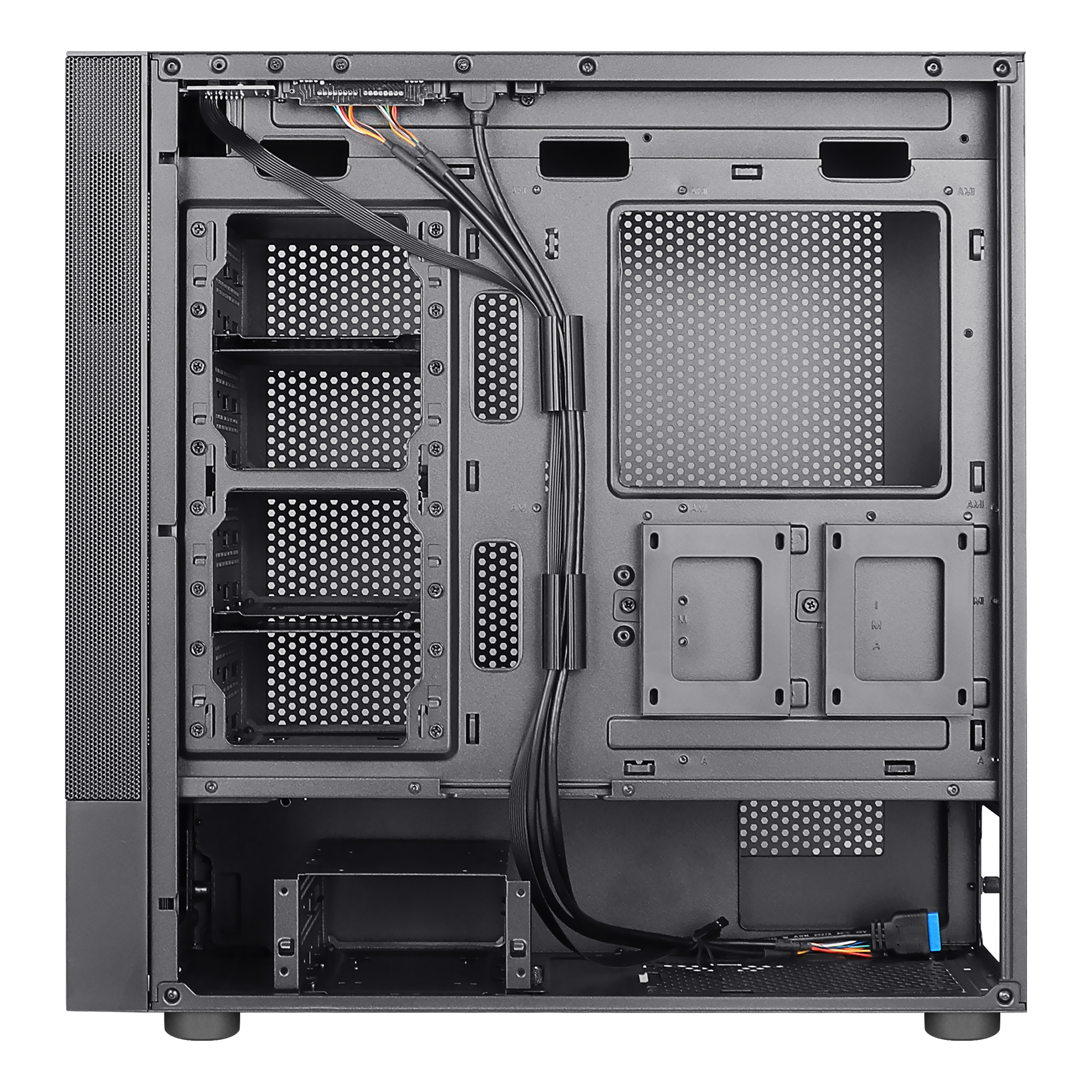 Vista interna di un case PC nero vuoto con gestione cavi.
