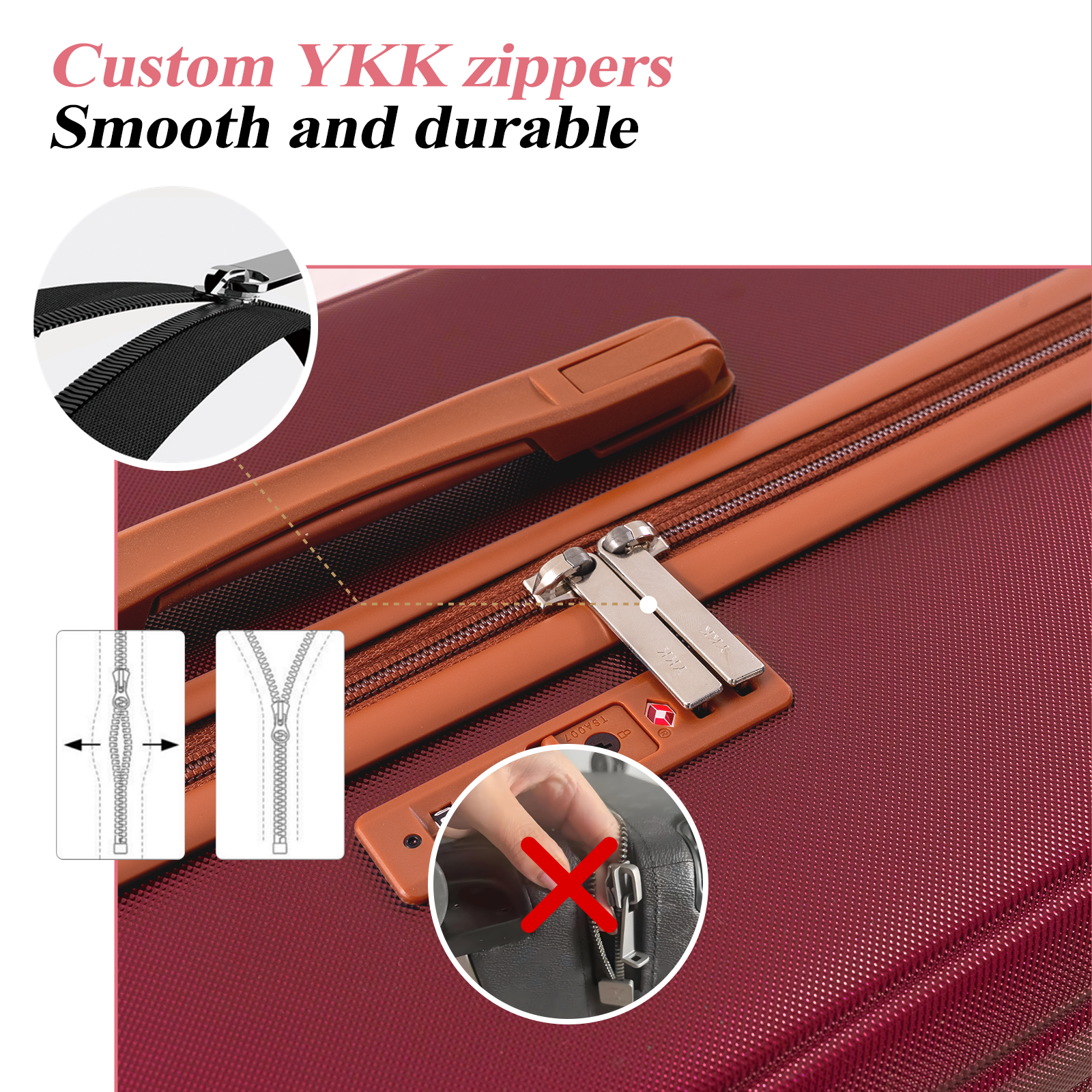 Close-up van een rode koffer met YKK-rits en TSA-slot.