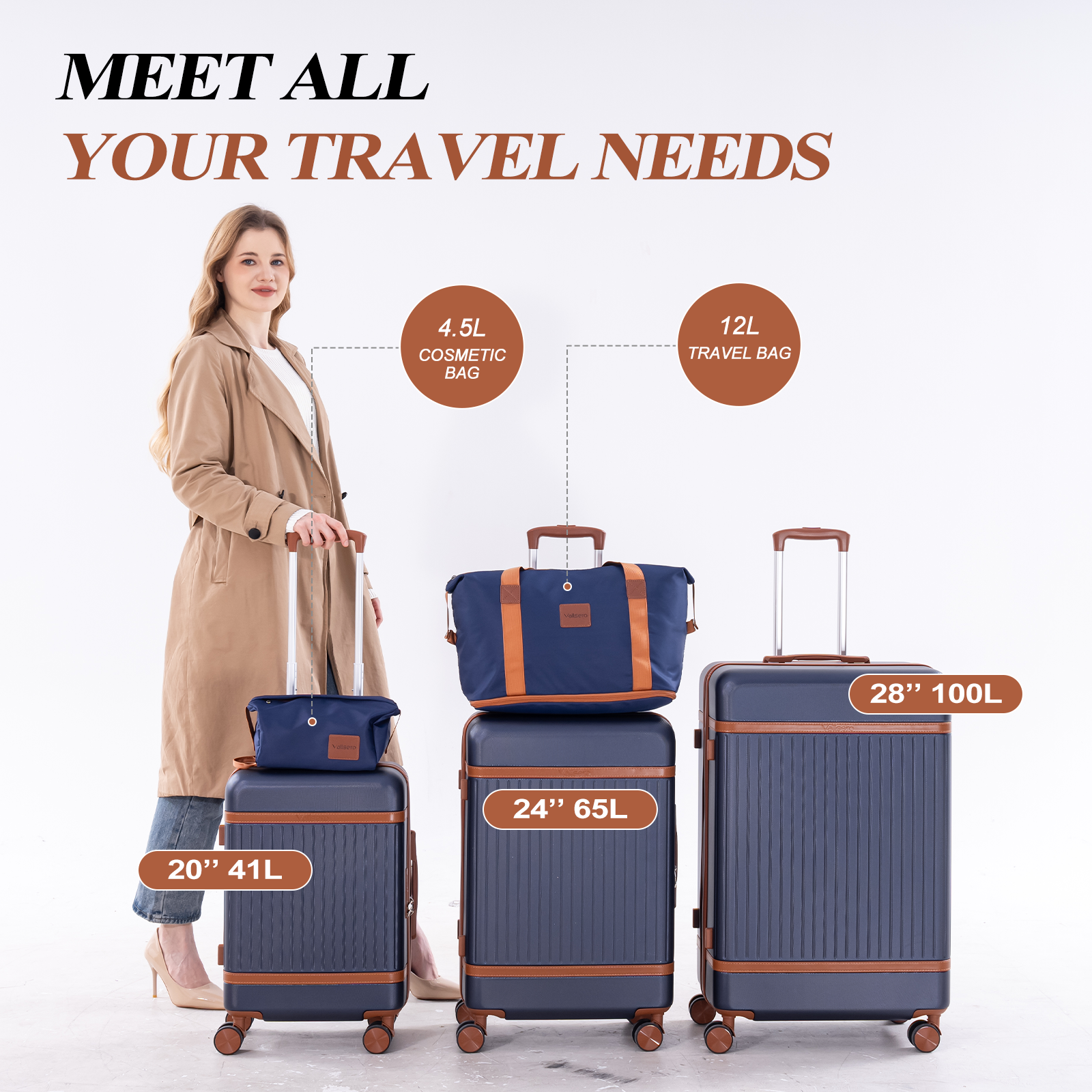 Femme avec des bagages : valises de 20" 41L, 24" 65L, 28" 100L.