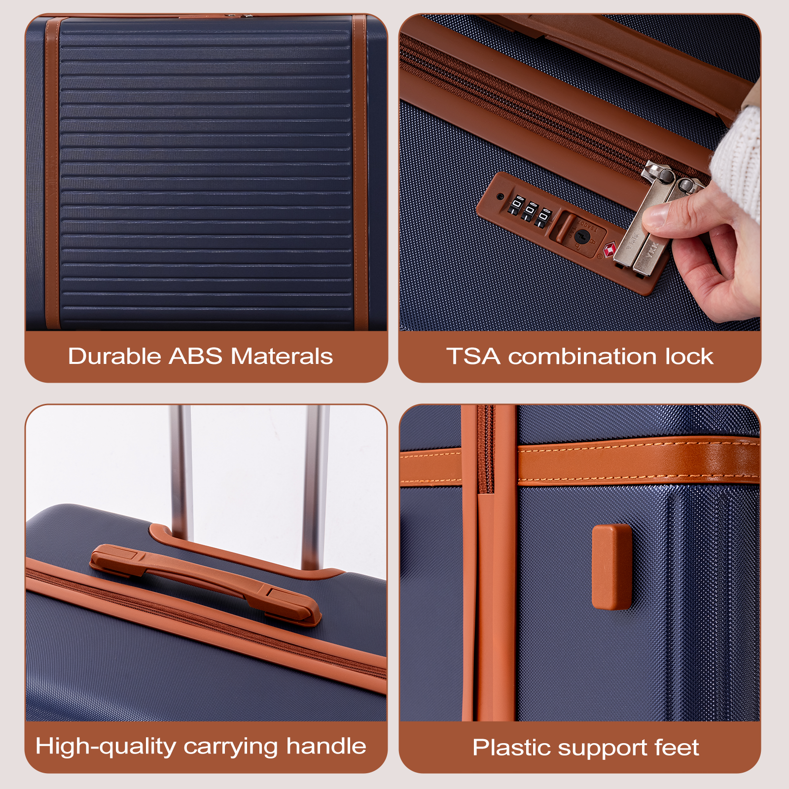 Valise bleu marine avec détails marron, serrure TSA, poignée et pieds.