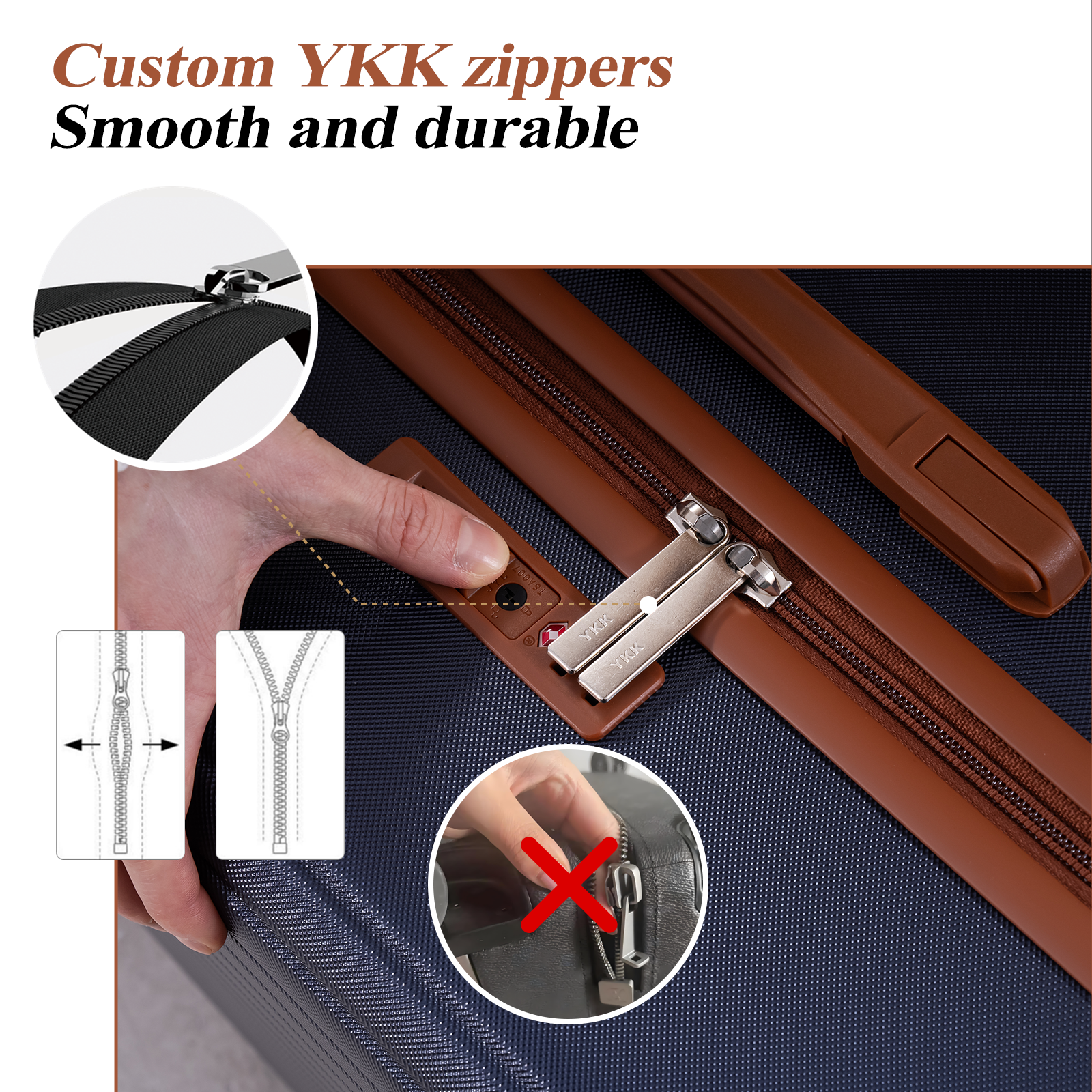 Gros plan d'une valise avec fermeture éclair YKK et serrure TSA.
