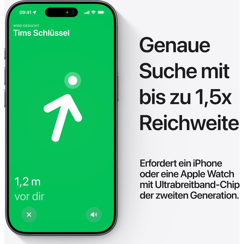 iPhone mostra le chiavi di Tim, a 1,2m. Ricerca precisa fino a 1,5x raggio.