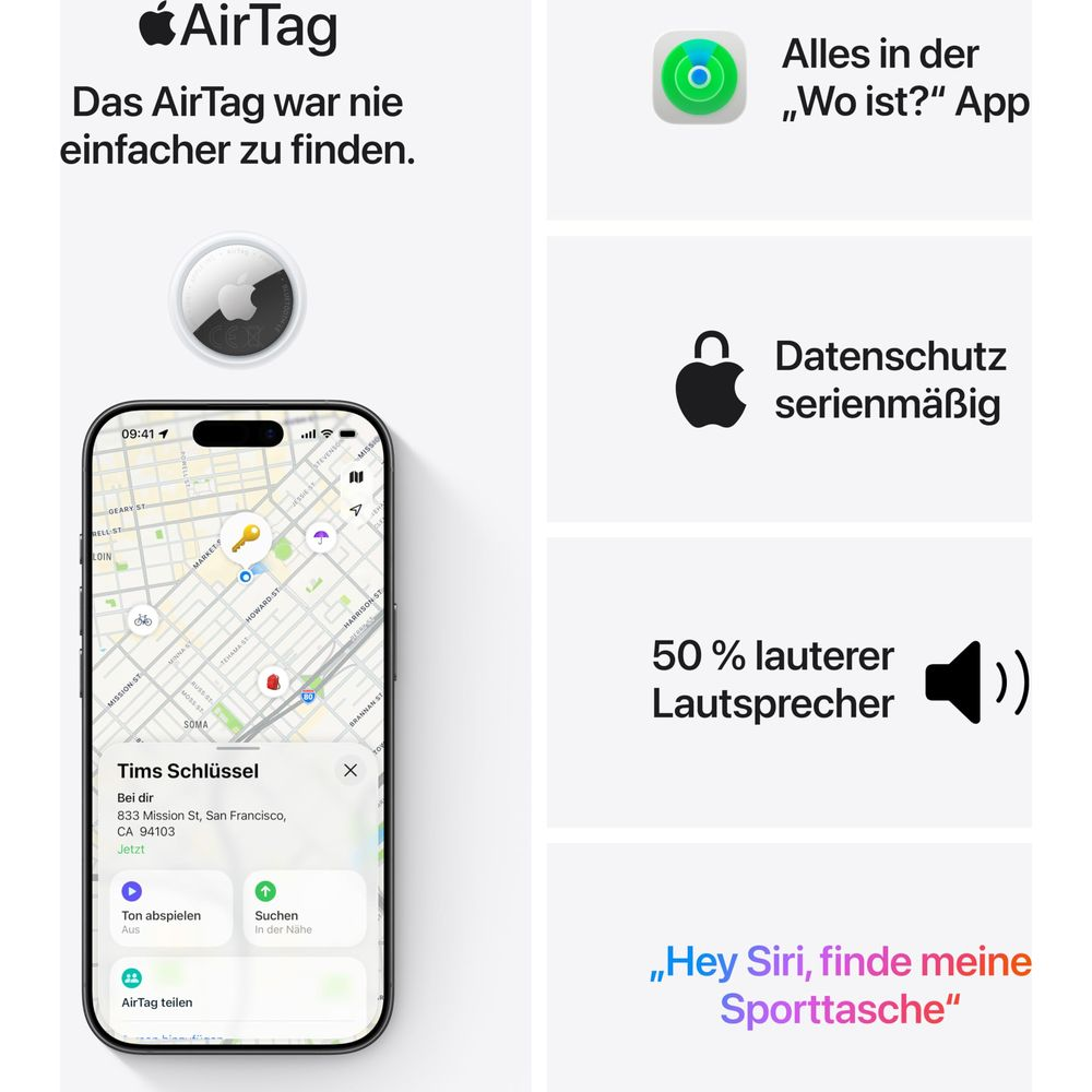 Apple AirTag con app Mappe, privacy e icone altoparlante.