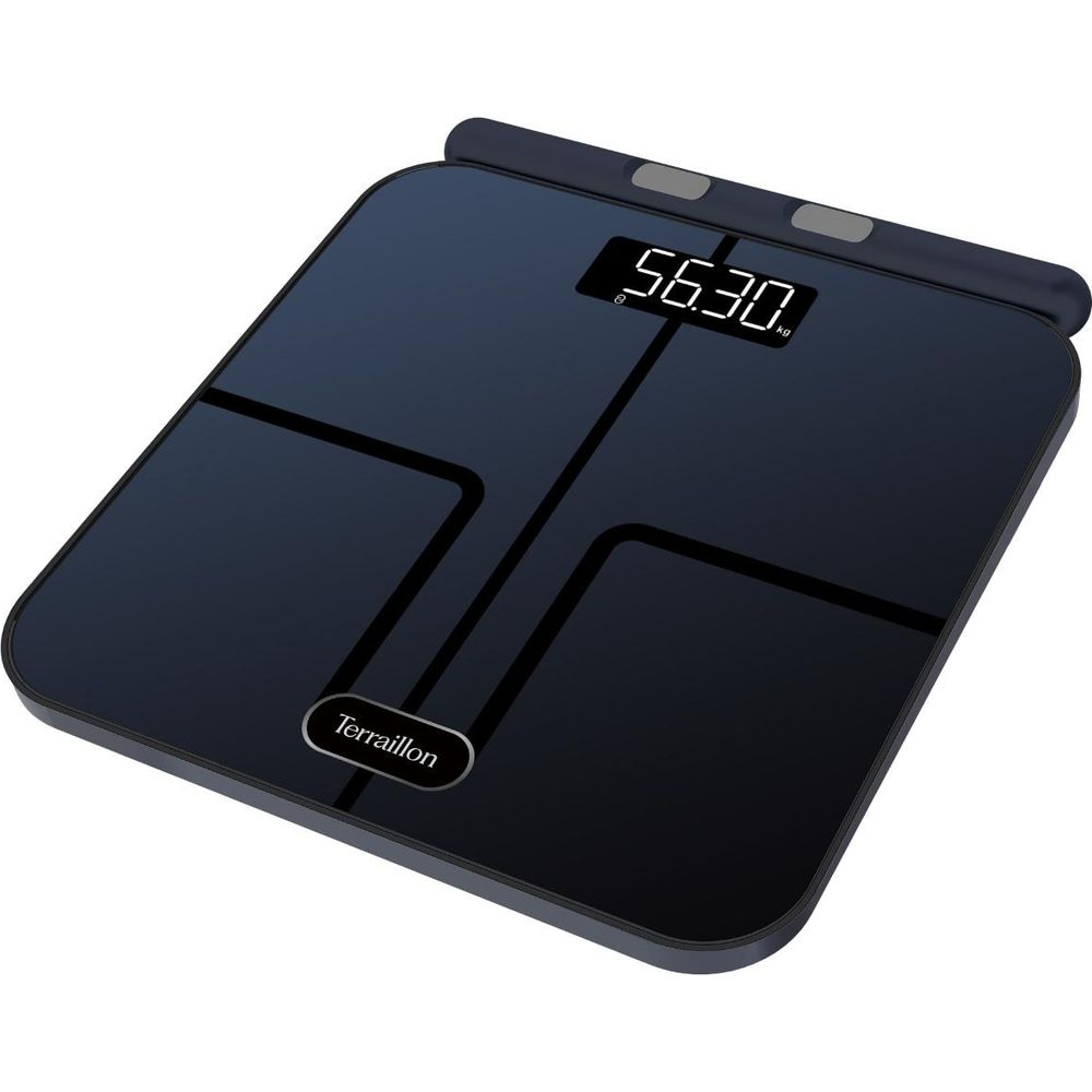 Eine dunkle digitale Personenwaage mit einer Anzeige von 56,30 kg.