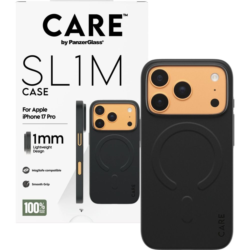 Schwarze Handyhülle für iPhone 17 Pro mit Kameramodul und CARE-Logo.