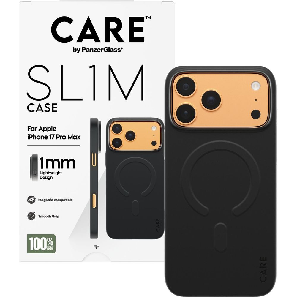 Schwarze CARE Slim Hülle für iPhone 17 Pro Max, 1mm, MagSafe kompatibel.