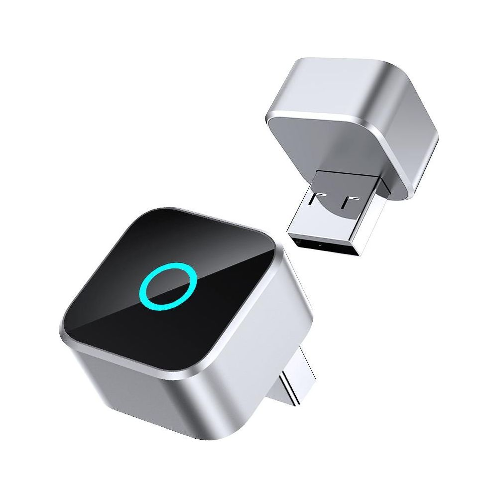 Due adattatori USB argentati con luce ad anello blu e spina USB.