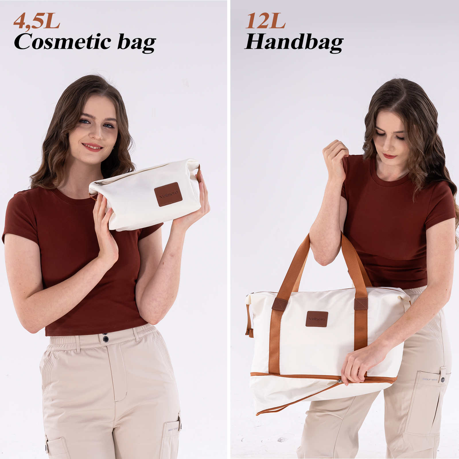 Une femme tient une trousse de toilette blanche et un sac à main blanc avec détails en cuir marron.