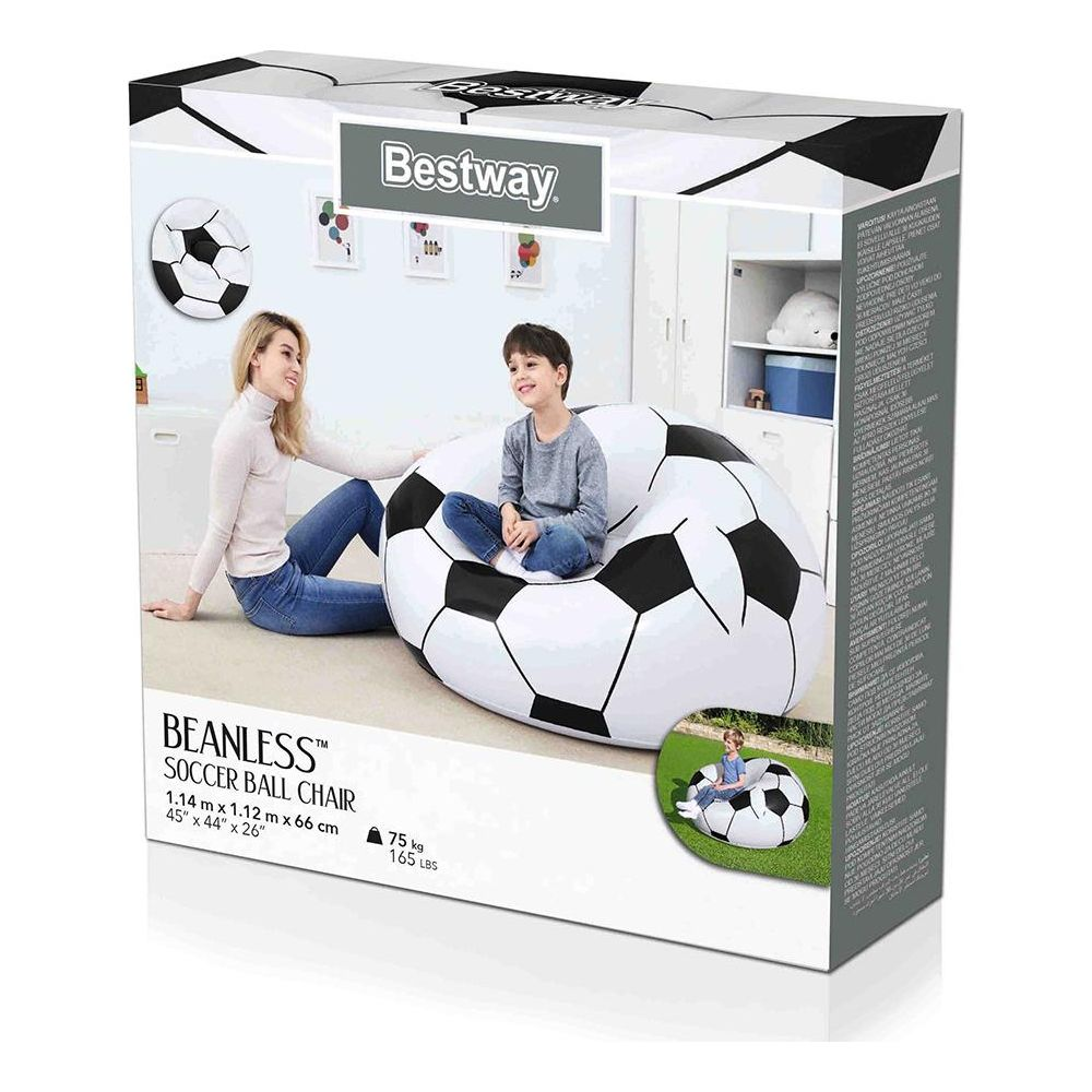 Verpackung eines Bestway aufblasbaren Fußball-Sitzsacks mit Mutter und Kind.