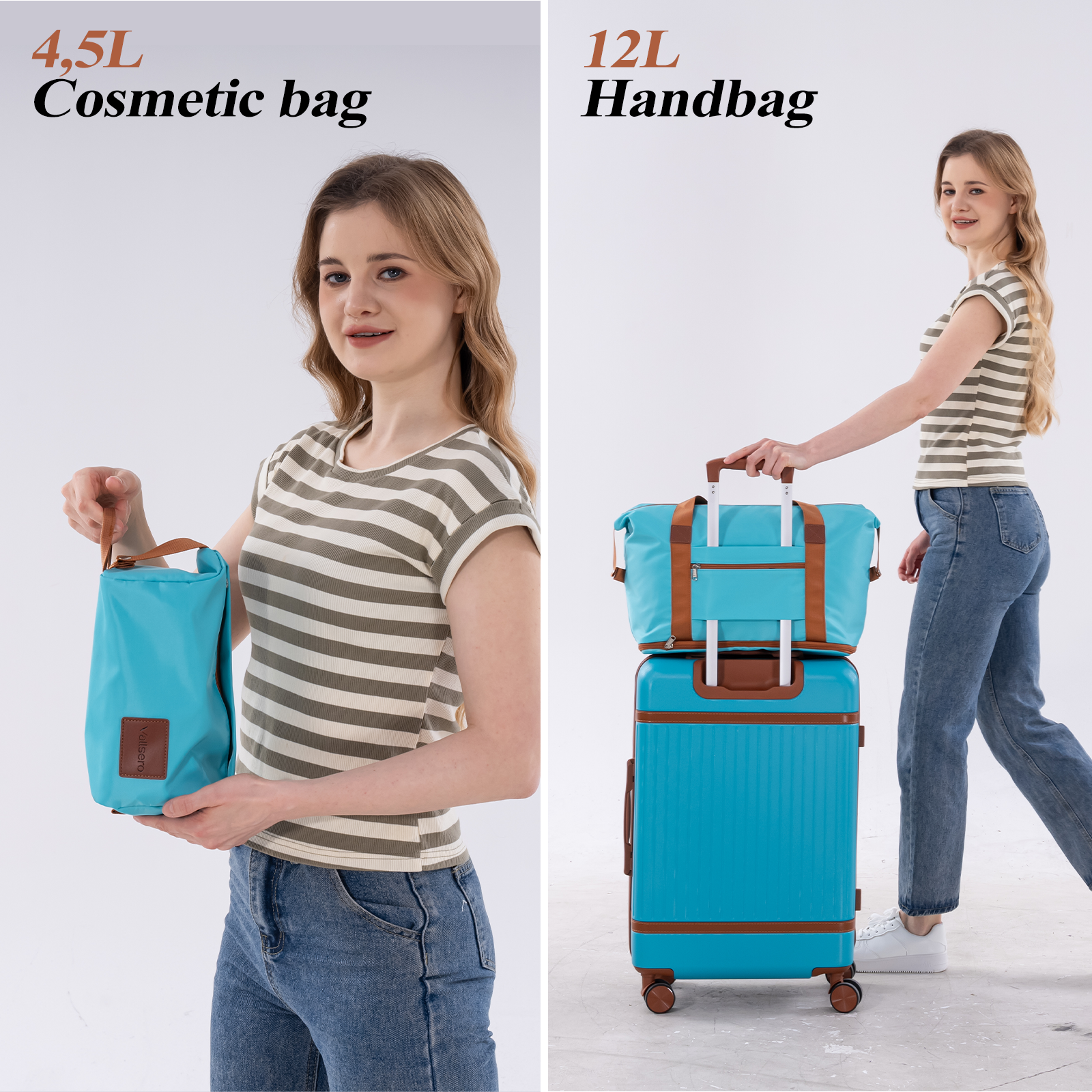 Une femme tient un sac cosmétique bleu. À côté, une femme avec une valise et un sac de voyage.