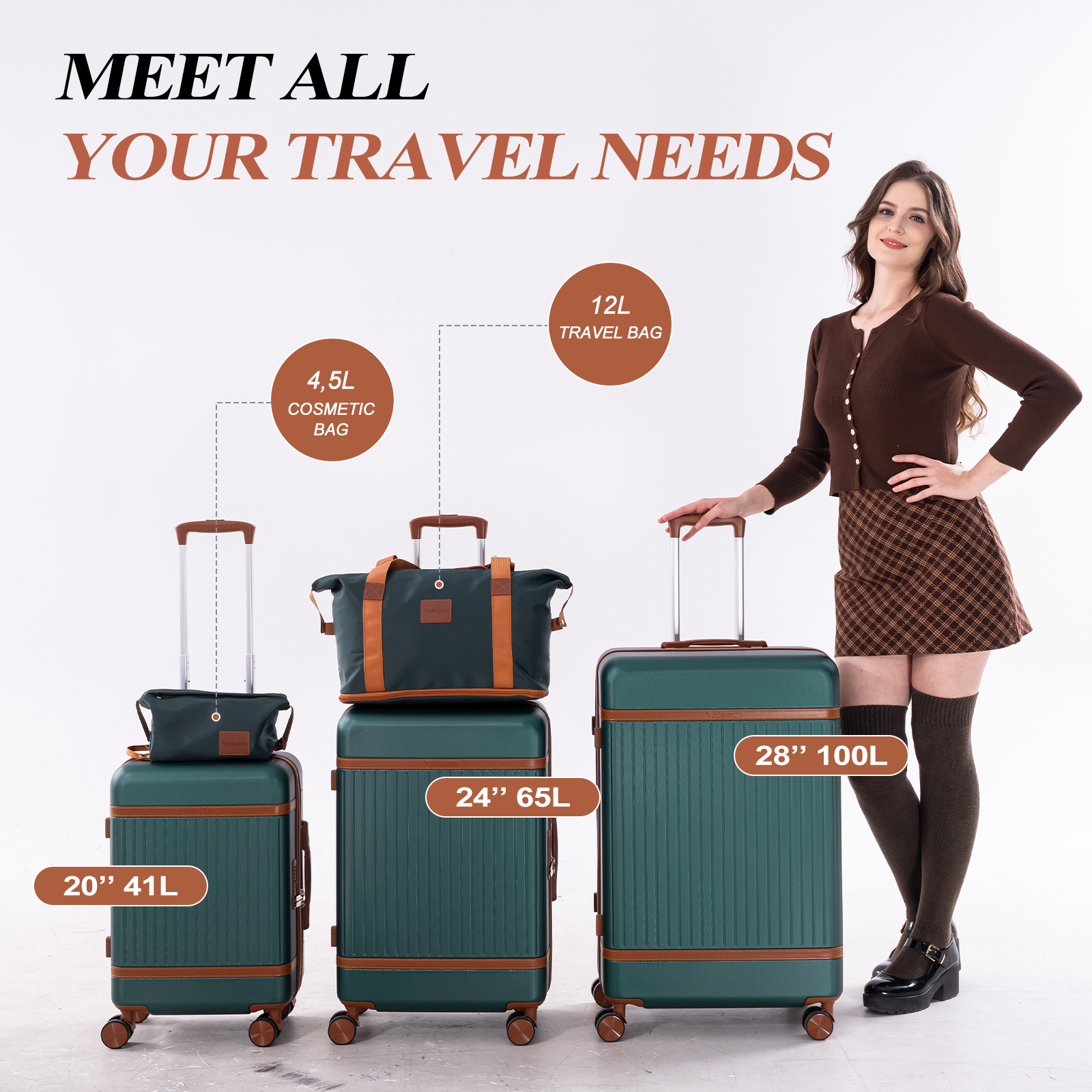Femme avec bagages : Valise verte (20" 41L), trousse de toilette, sac de voyage, valise (24" 65L), valise (28" 100L).