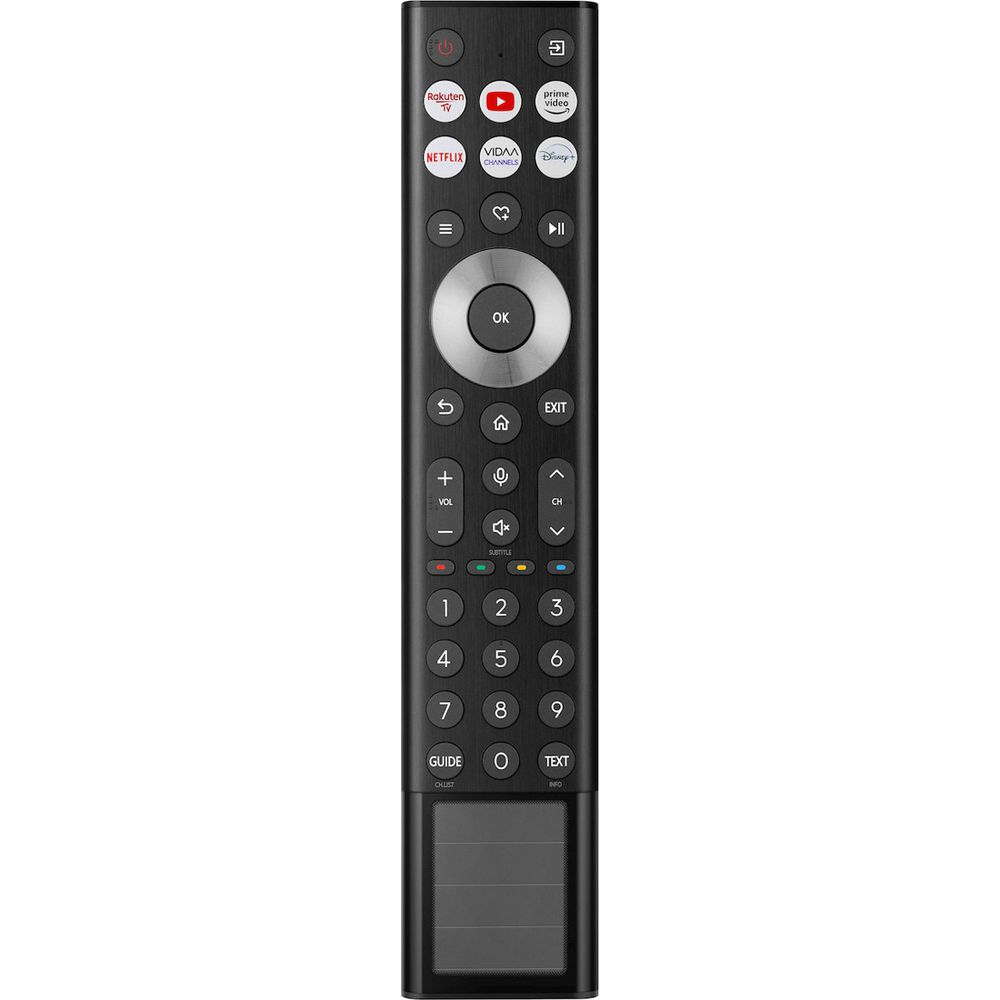Schwarze TV-Fernbedienung mit Tasten für Rakuten, Netflix, Prime Video und Disney+.