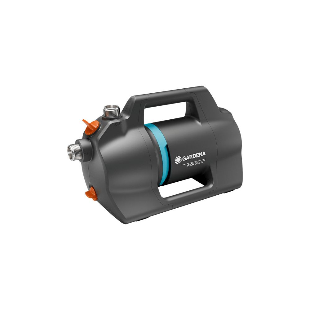 Szara pompa wodna Gardena z niebieskim paskiem i uchwytem.