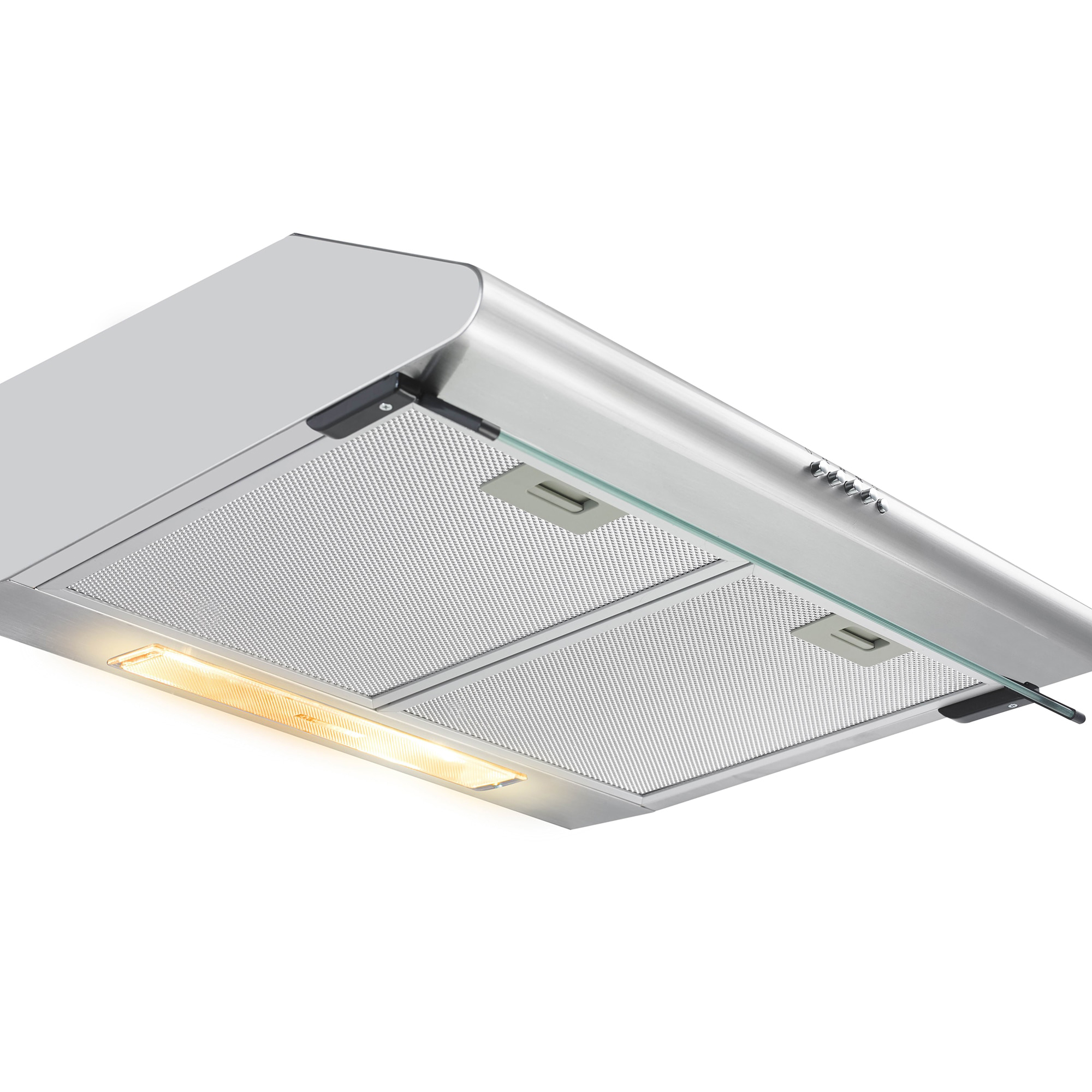 RVS afzuigkap met glazen rand en geïntegreerde verlichting.