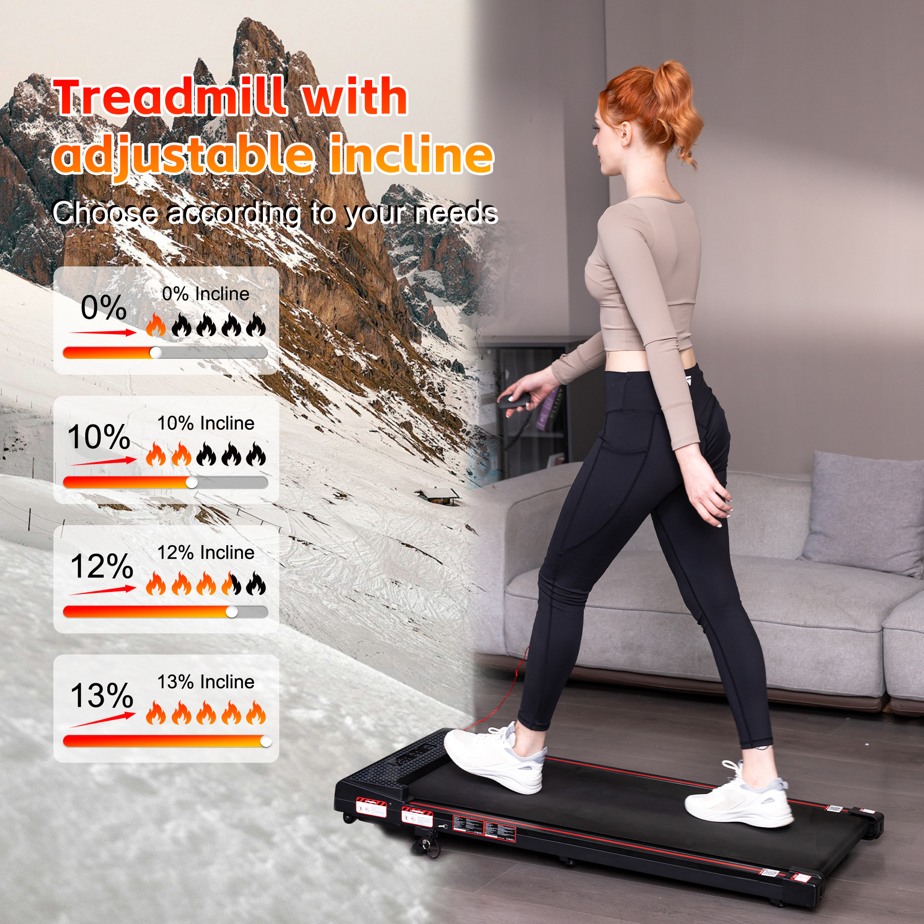 Woman on treadmill with adjustable incline, mountains in background.