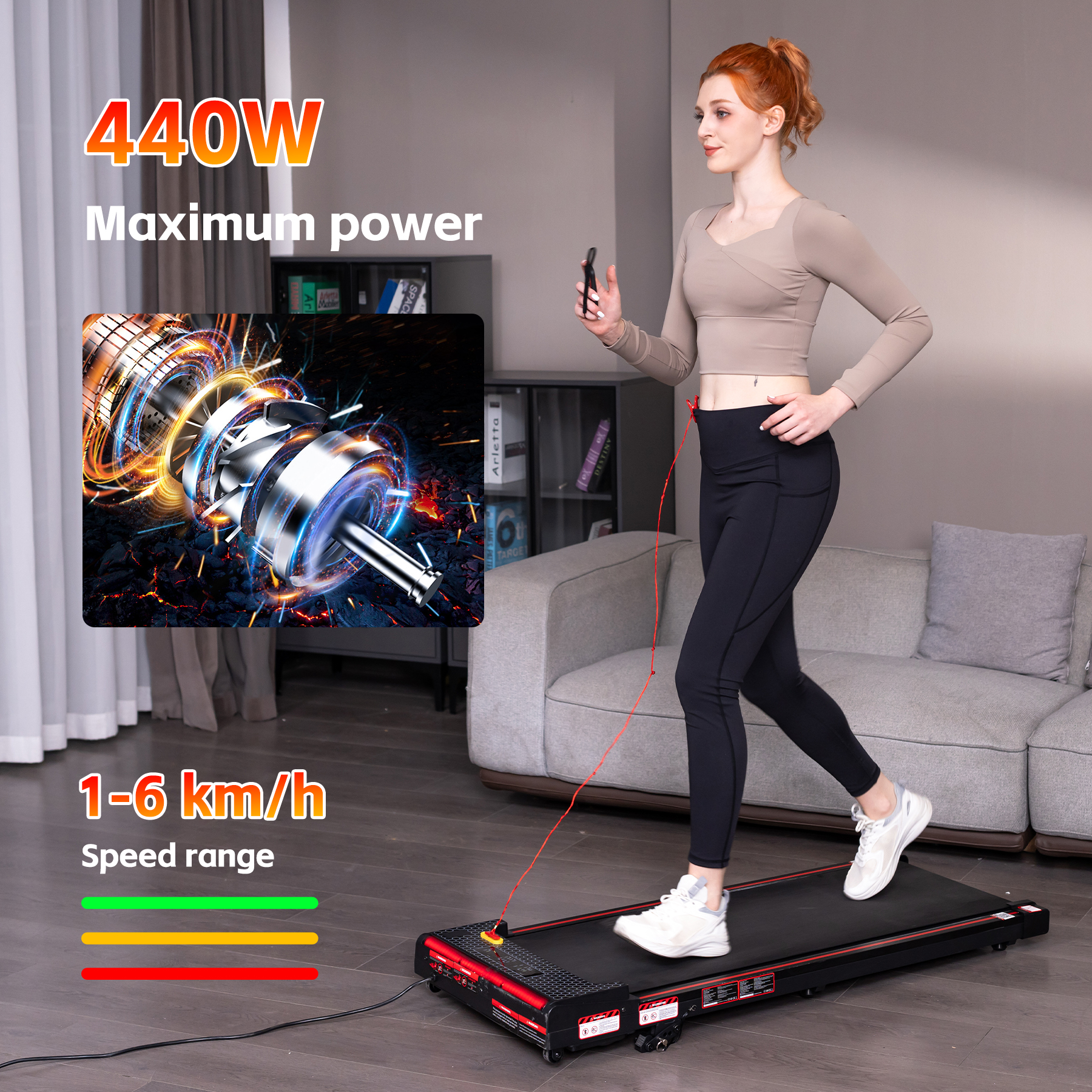 A woman with red hair runs on a treadmill, with motor and speed indicators shown.