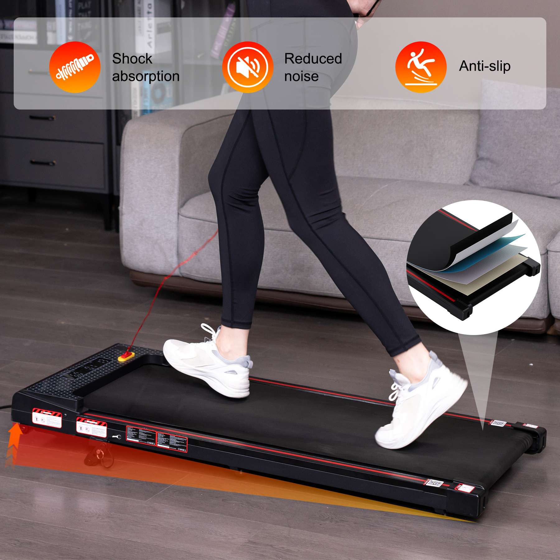 Person runs on treadmill with icons for shock absorption, reduced noise, anti-slip.