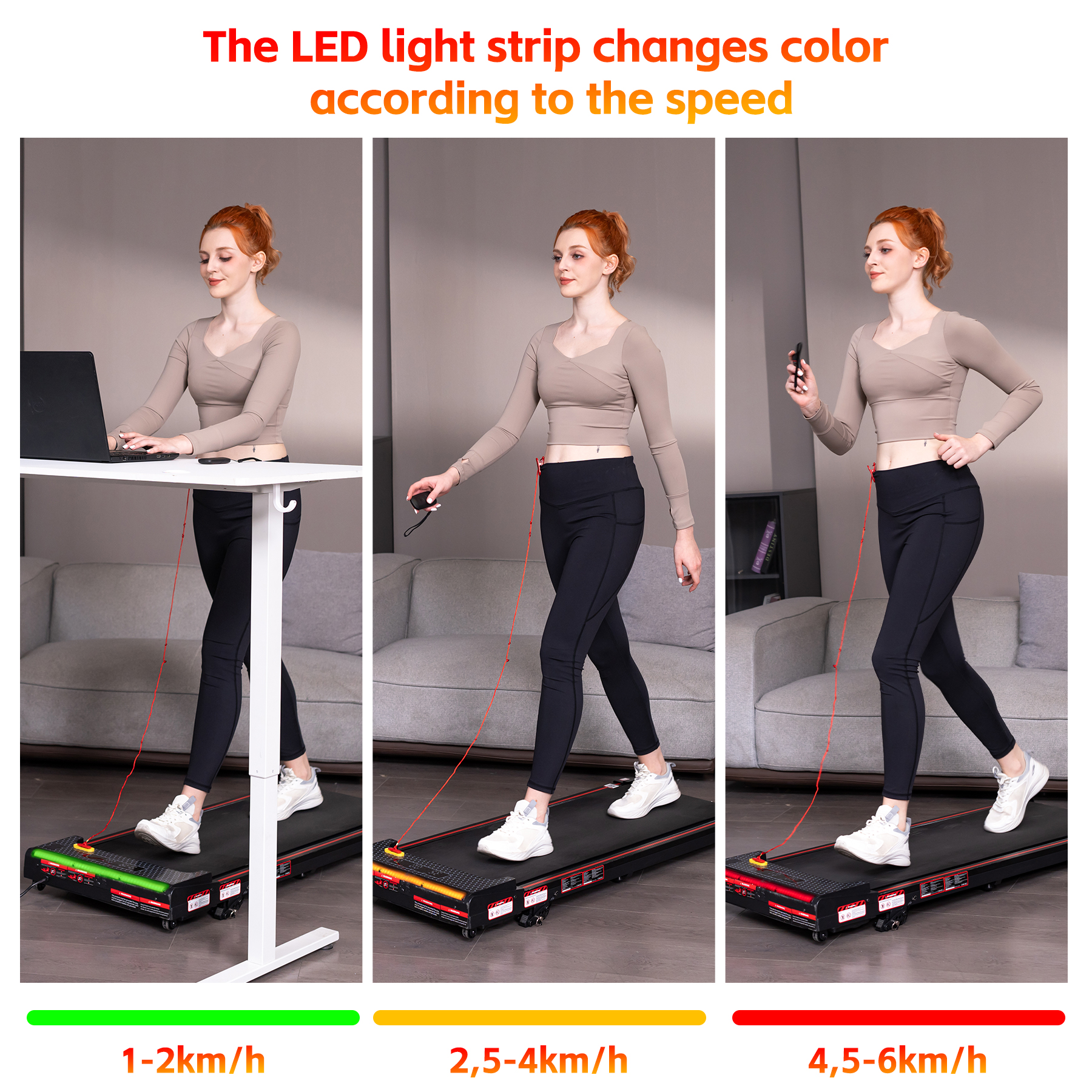 Woman on treadmill: LED strips change color at 1-2km/h (green), 2.5-4km/h (yellow), 4.5-6km/h (red).