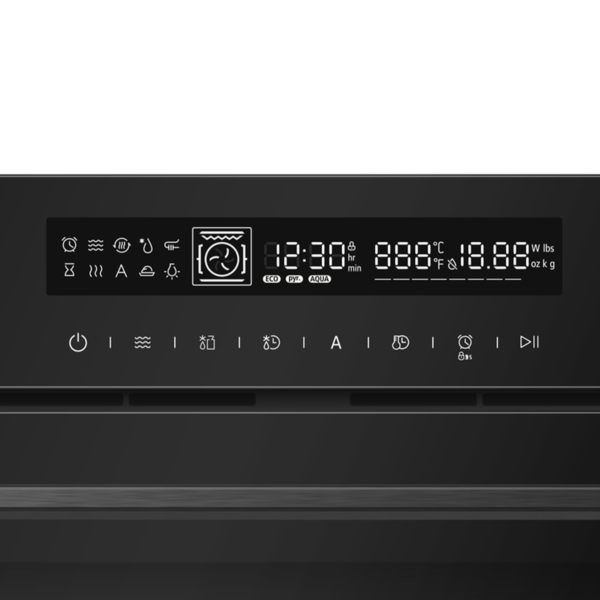Digital display of a washing machine with icons, time, and temperature.