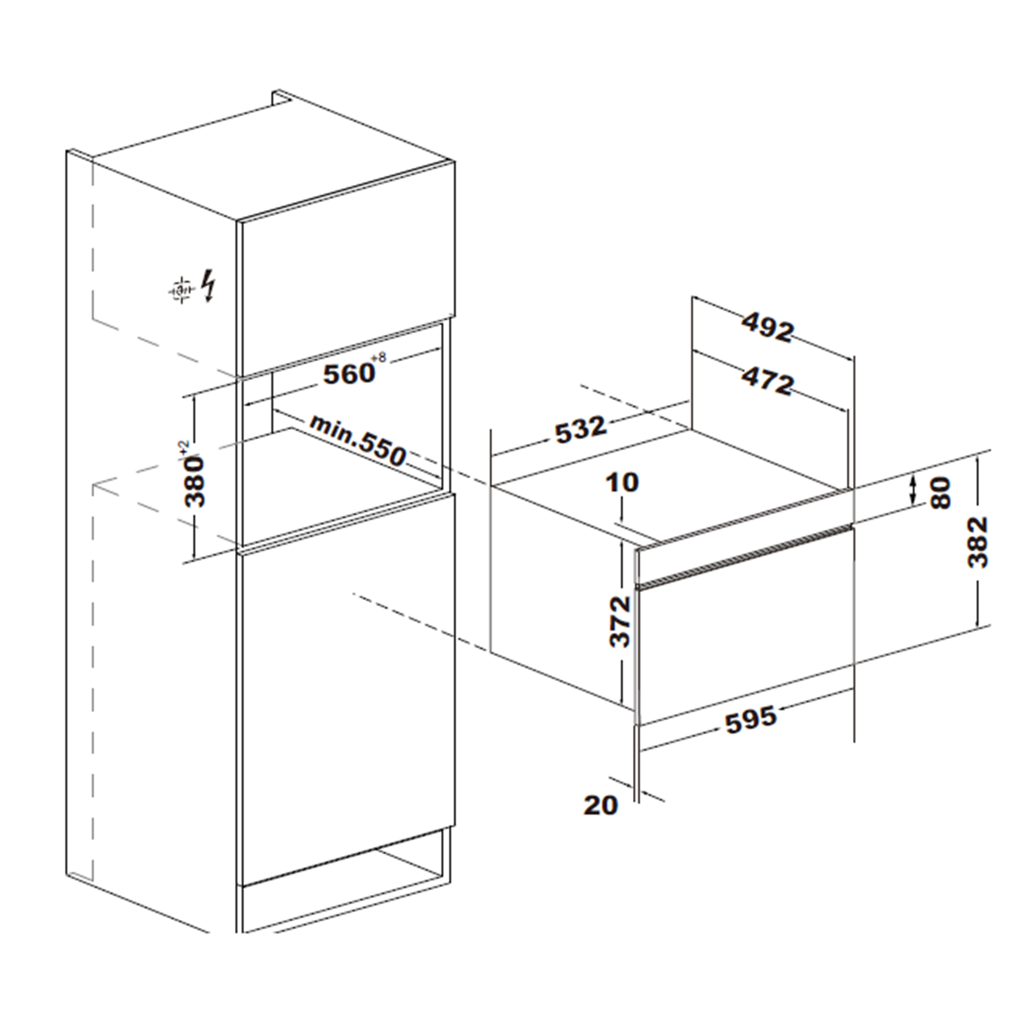 Technical drawing of a built-in oven with dimensions in mm.