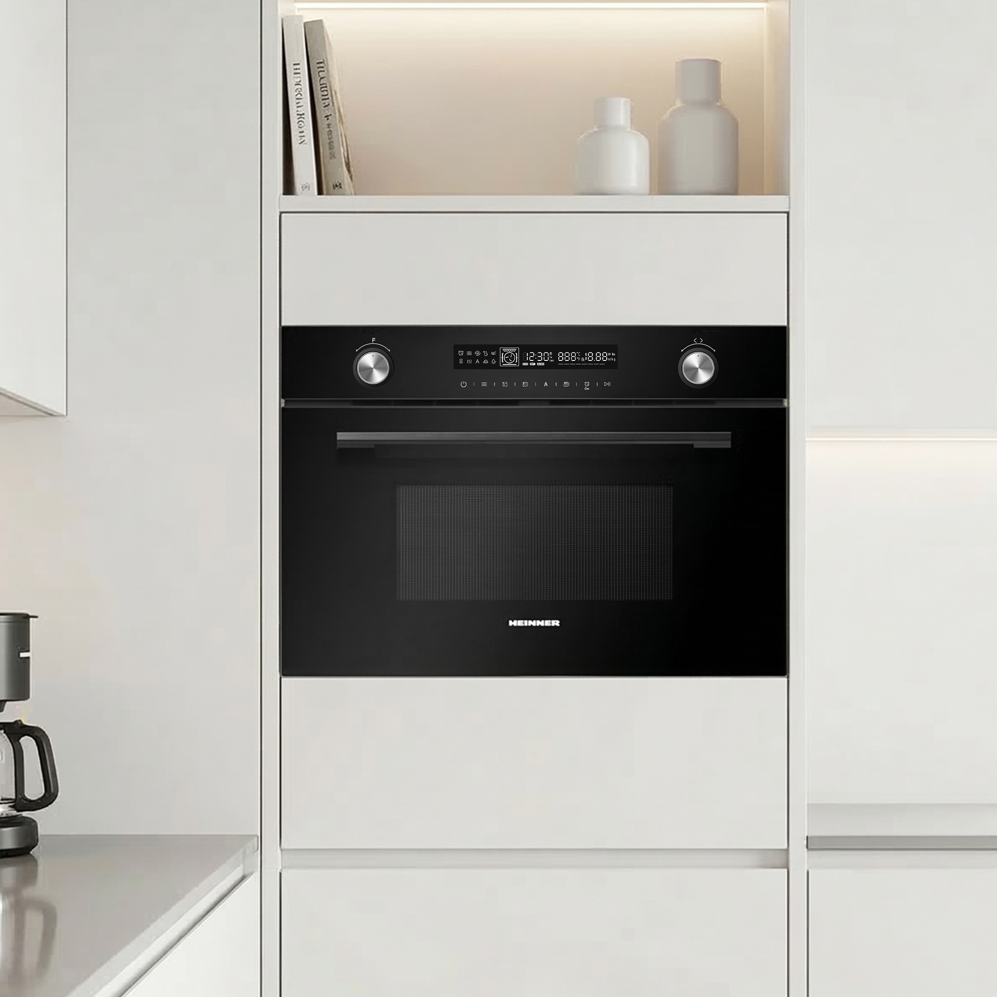 A modern black built-in oven with a digital display and control knobs.
