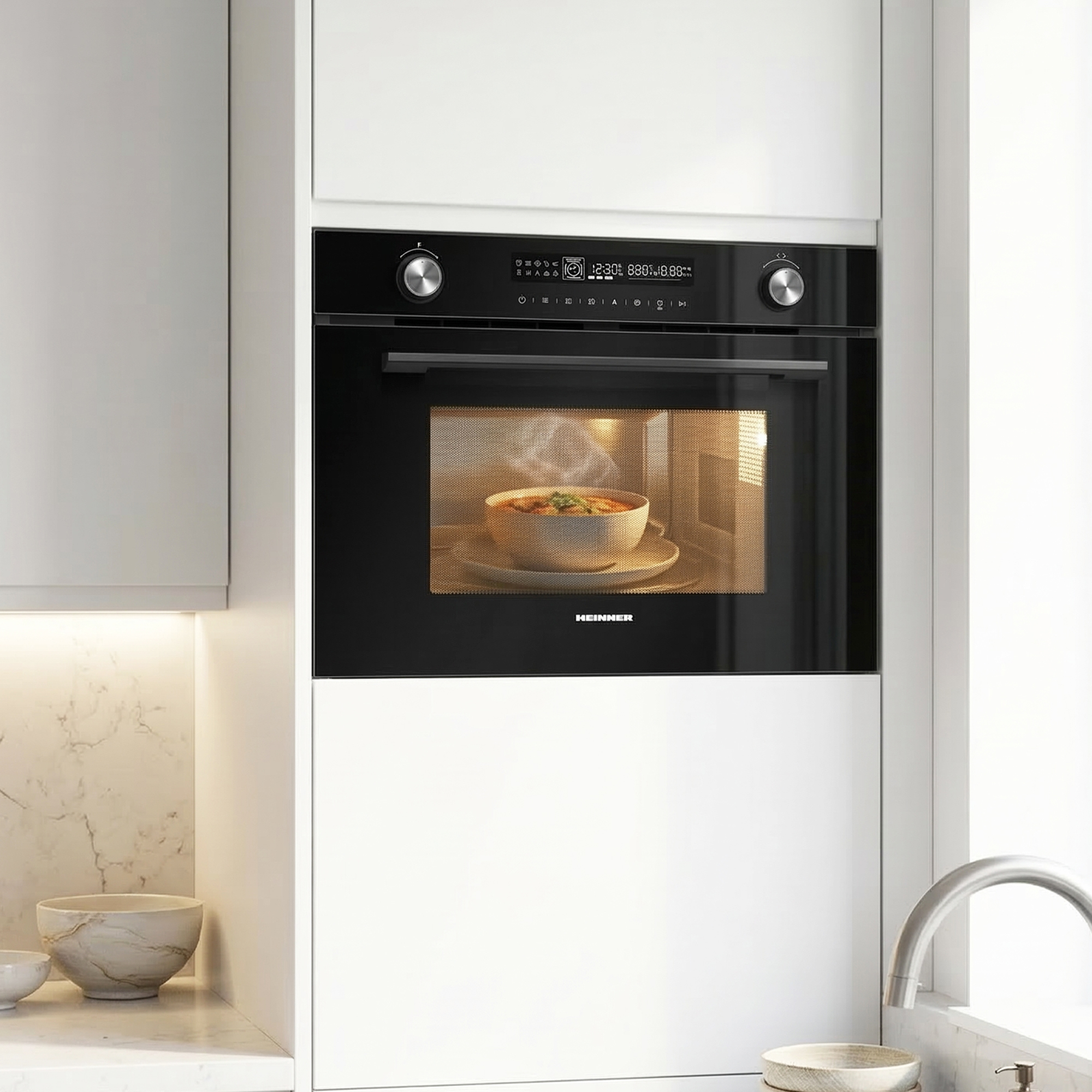 A bowl of steaming food inside an open microwave oven.