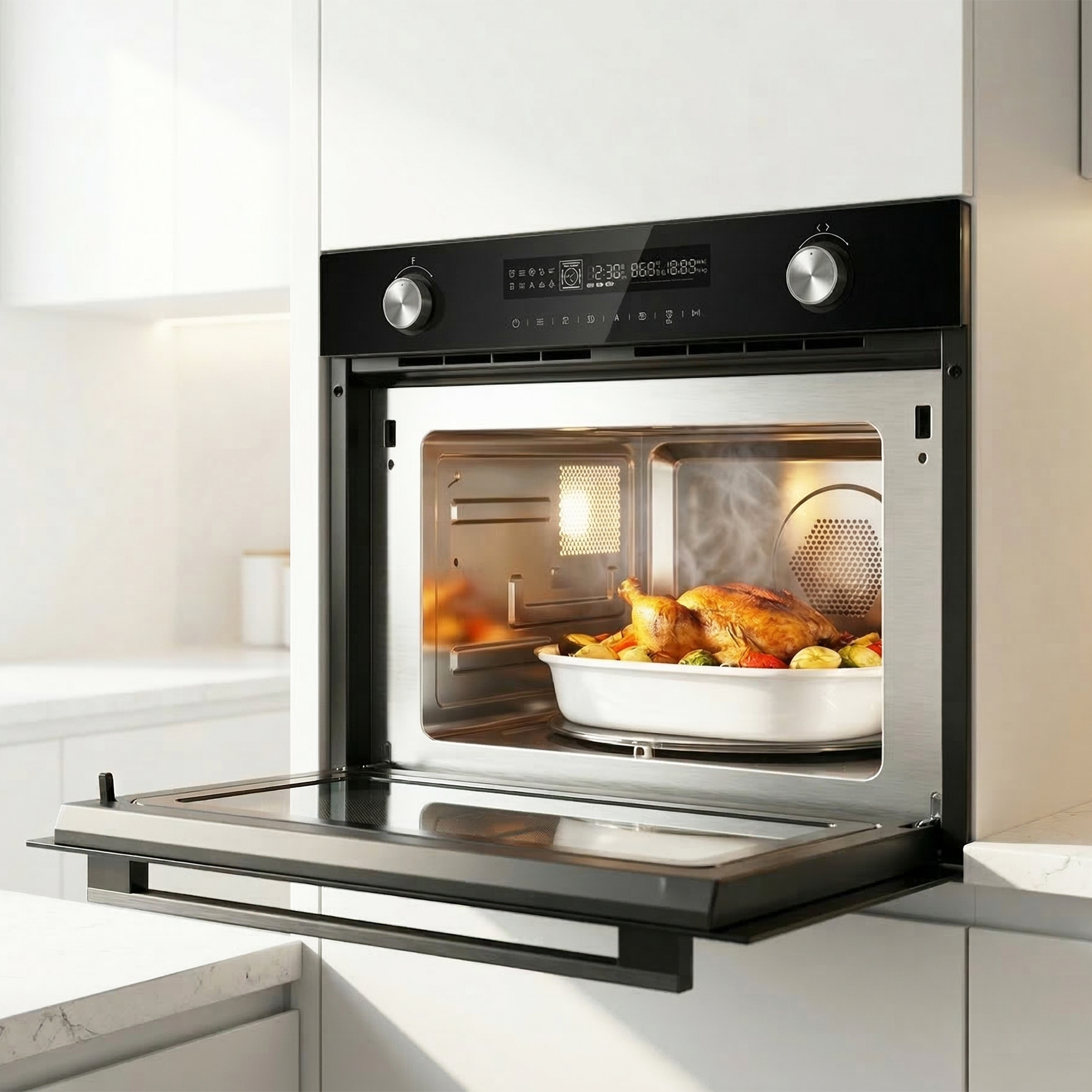 A roasted chicken with vegetables in a dish inside an open oven.