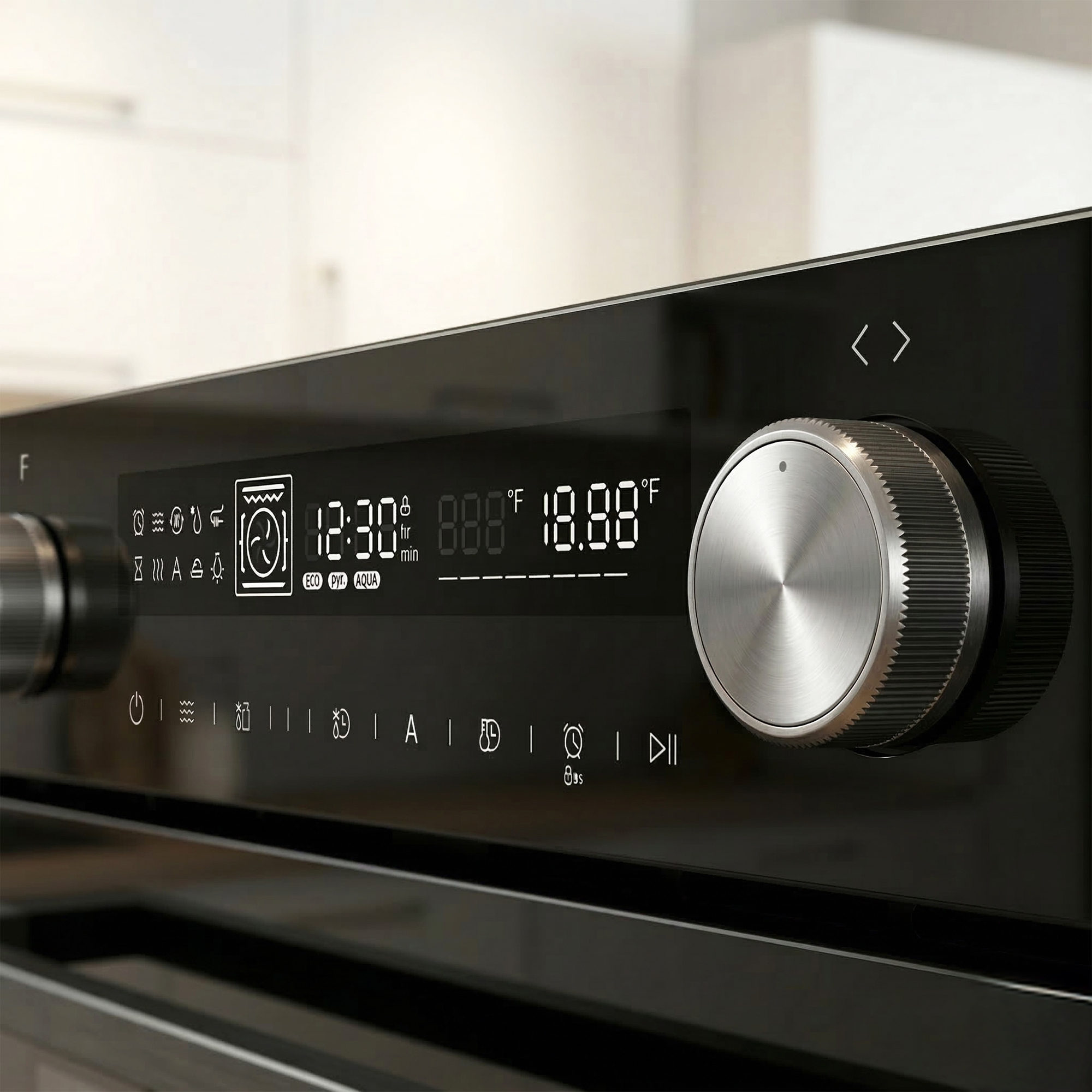 A modern oven with a touchscreen control panel and metal knobs.