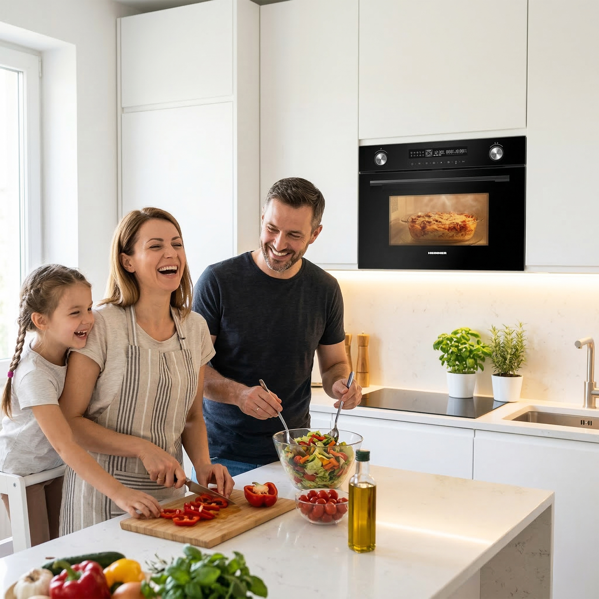 A family prepares a meal in a modern kitchen. A woman cuts peppers, a man stirs a salad.