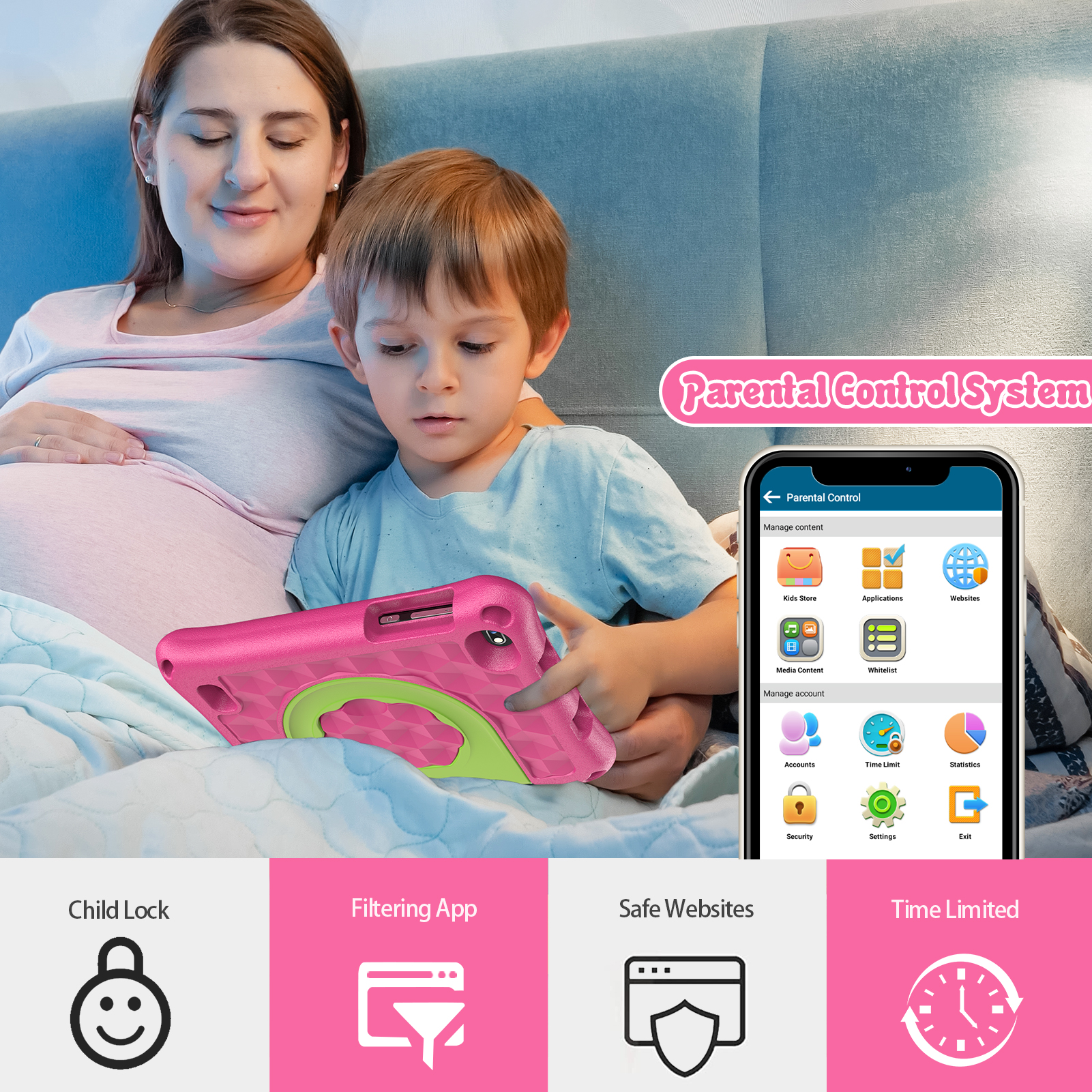 Schwanger Frau und Kind mit Tablet. Elternkontrollsystem-Oberfläche.
