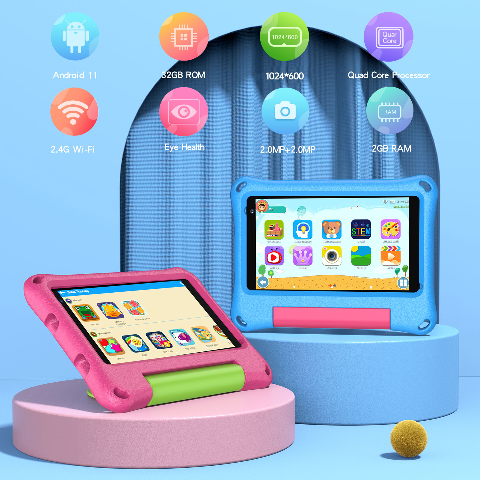 Zwei Kinder-Tablets, eines in Rosa und Grün, das andere in Blau, mit technischen Spezifikationen.