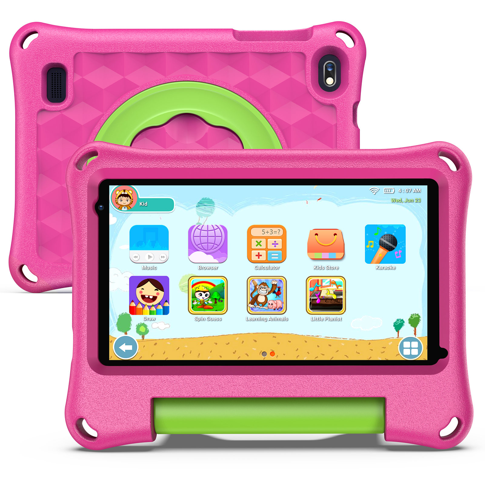 Ein rosafarbenes Kinder-Tablet mit grünem Griff zeigt Apps wie Musik, Browser, Rechner, Spiele.