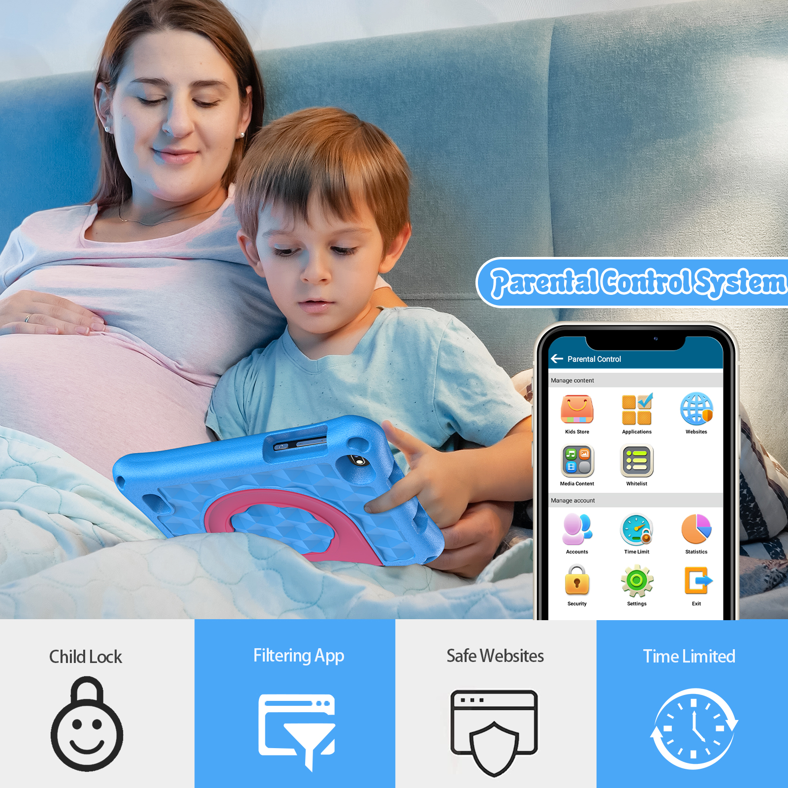 Schwangerer Frau und Kind mit Tablet, Elternkontrollsystem auf dem Handy.