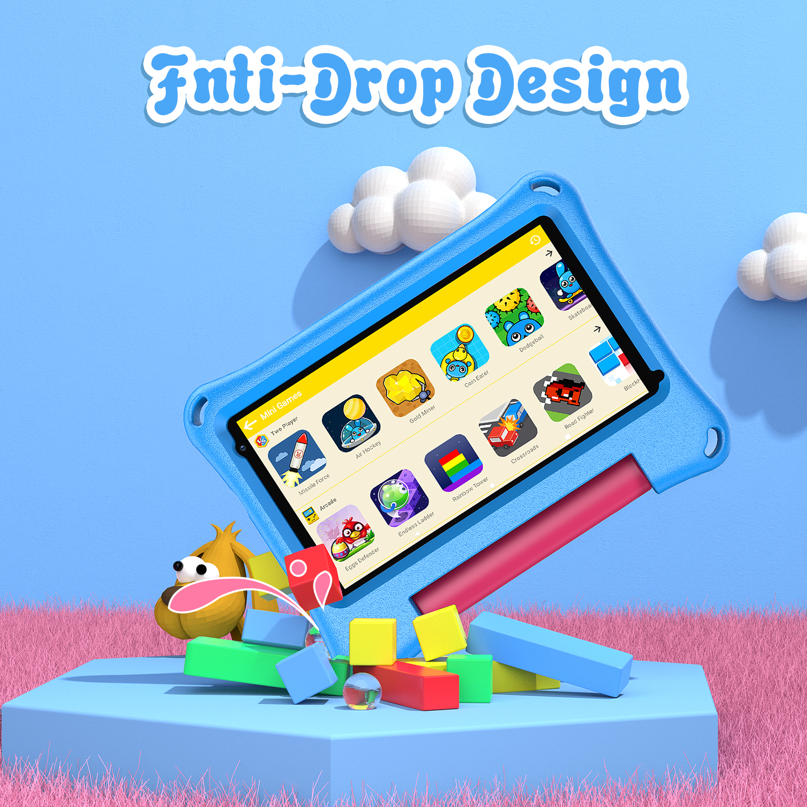 Ein blaues Tablet mit Spiele-Icons, umgeben von bunten Blöcken und Gras.