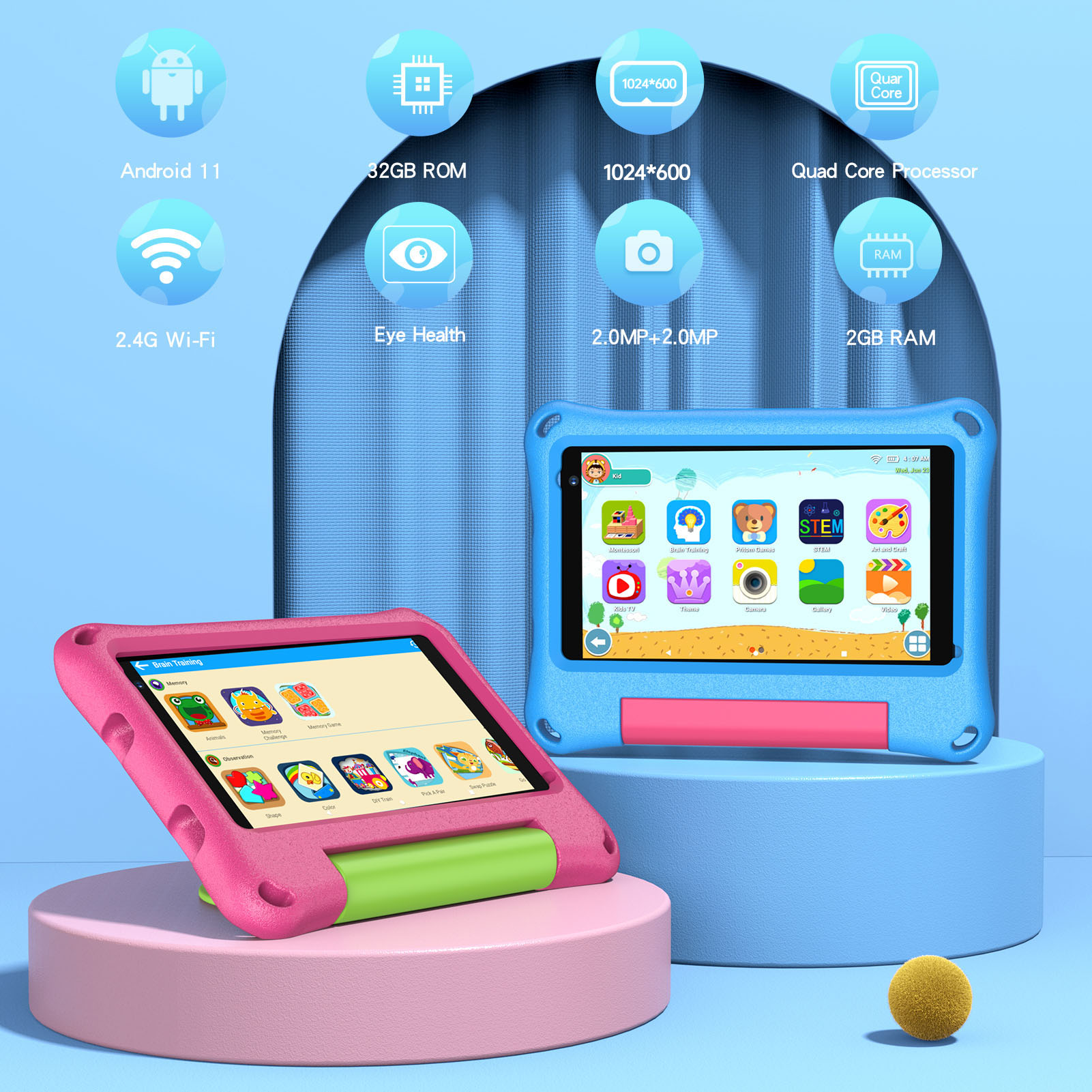 Zwei Kinder-Tablets, eins in Rosa, eins in Blau, mit technischen Spezifikationen.