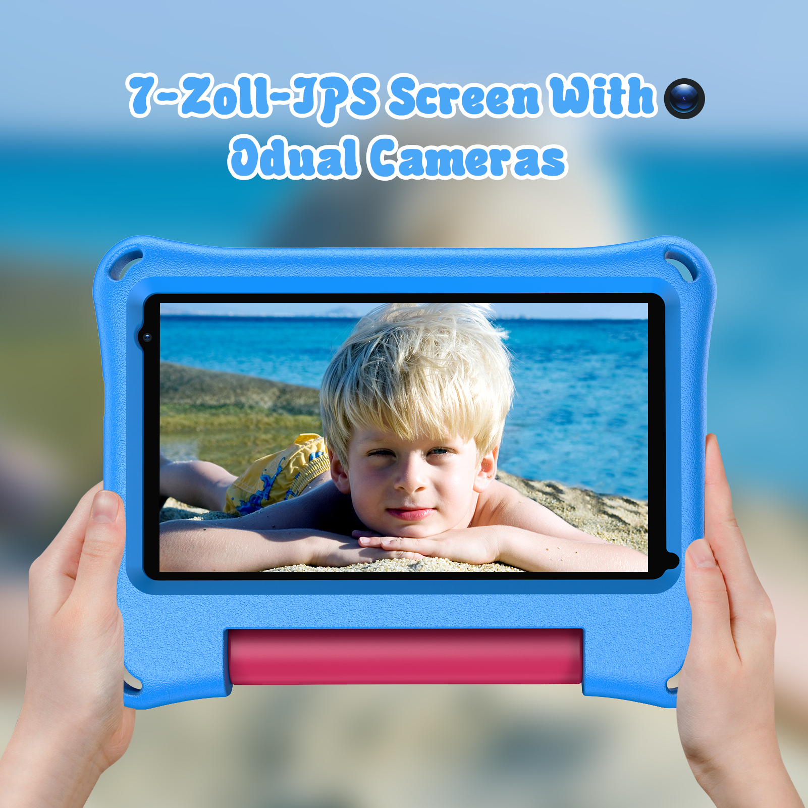 Ein Junge liegt am Strand und schaut auf ein Tablet mit einem Strandmotiv.