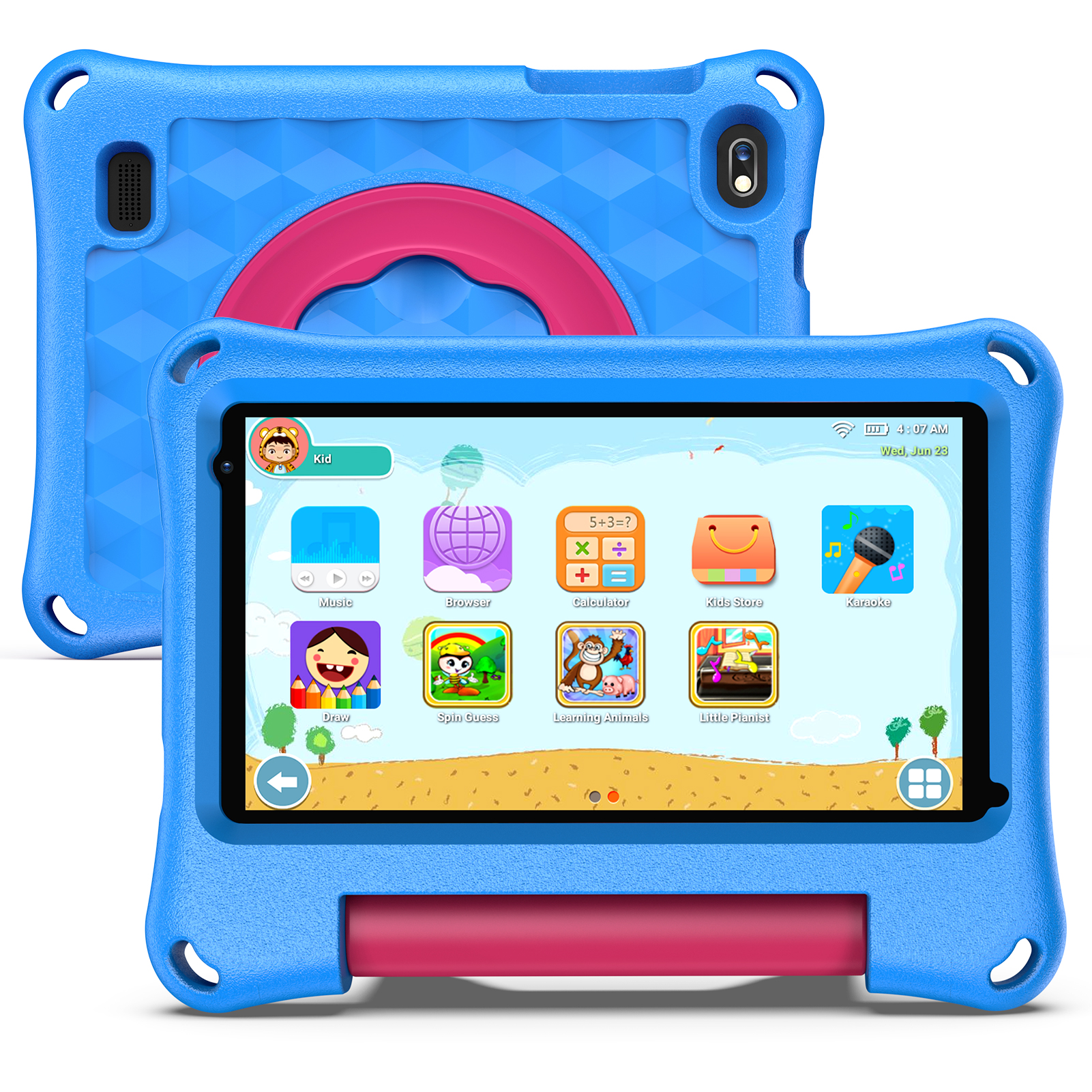 Ein blaues Kinder-Tablet mit rosa Griff und App-Symbolen auf dem Bildschirm.