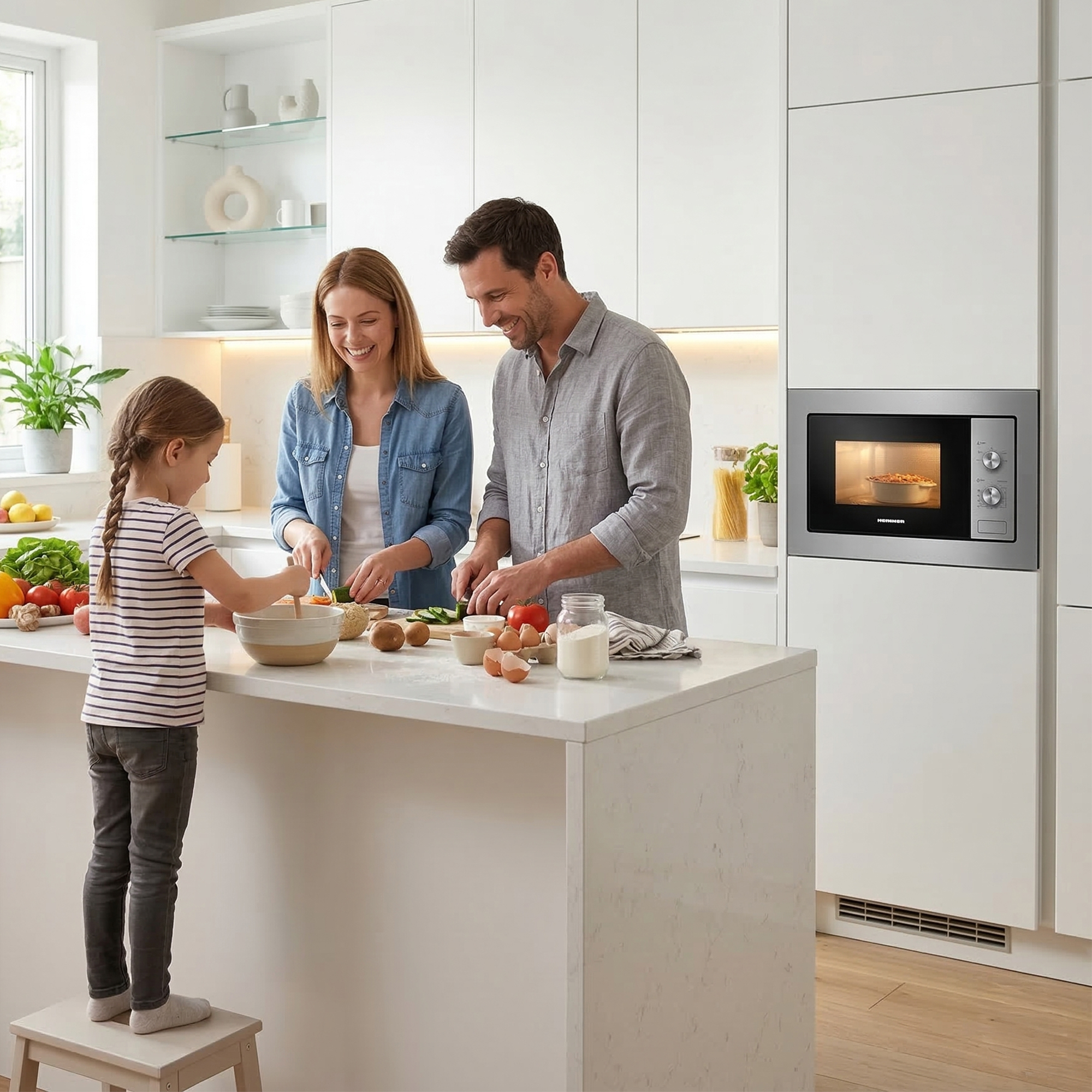 Eine Familie kocht zusammen in einer modernen Küche. Ein Kuchen backt im Ofen.