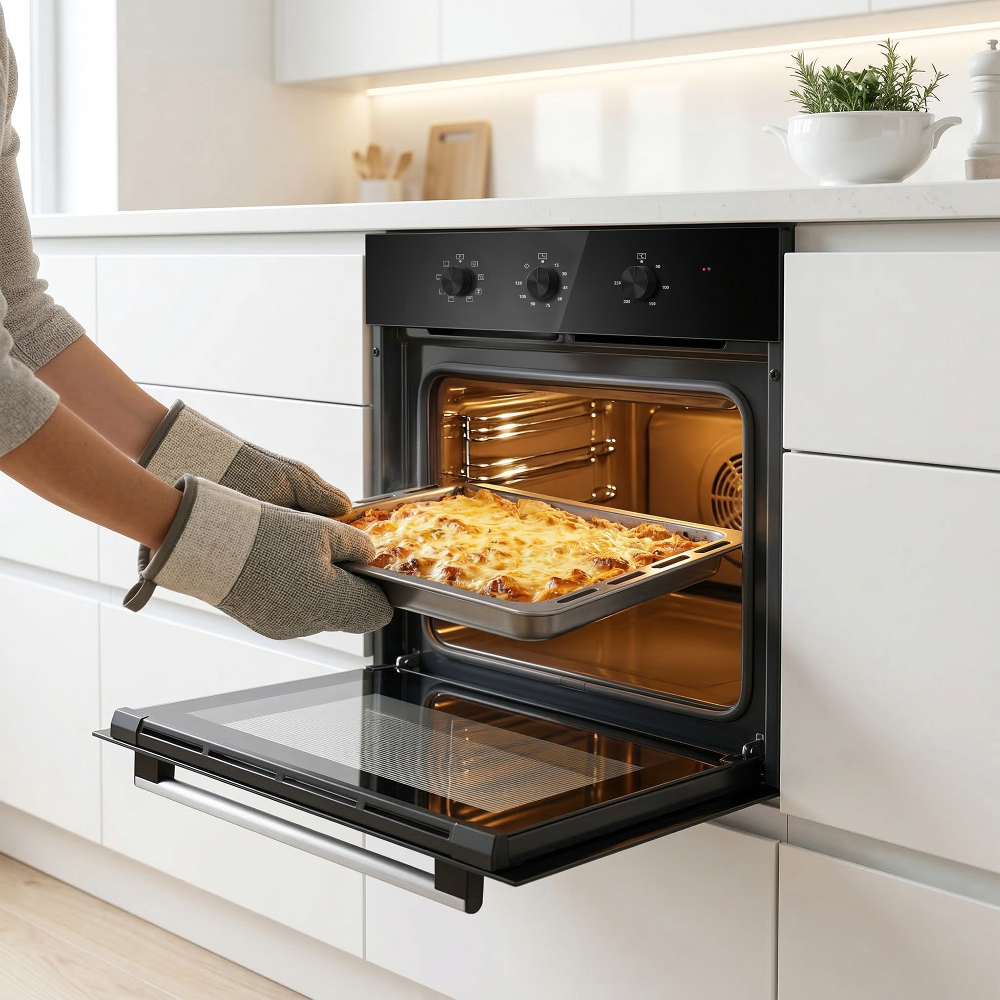 Persoon haalt ovenschotel met lasagne uit oven.