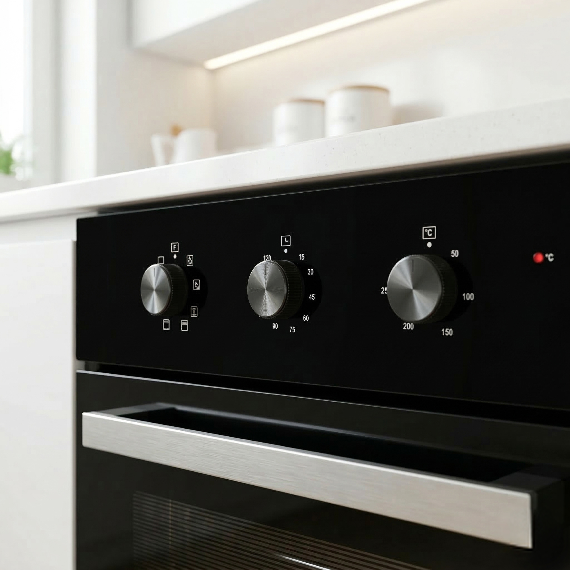 Close-up van een zwarte oven met drie bedieningsknoppen en een handvat.