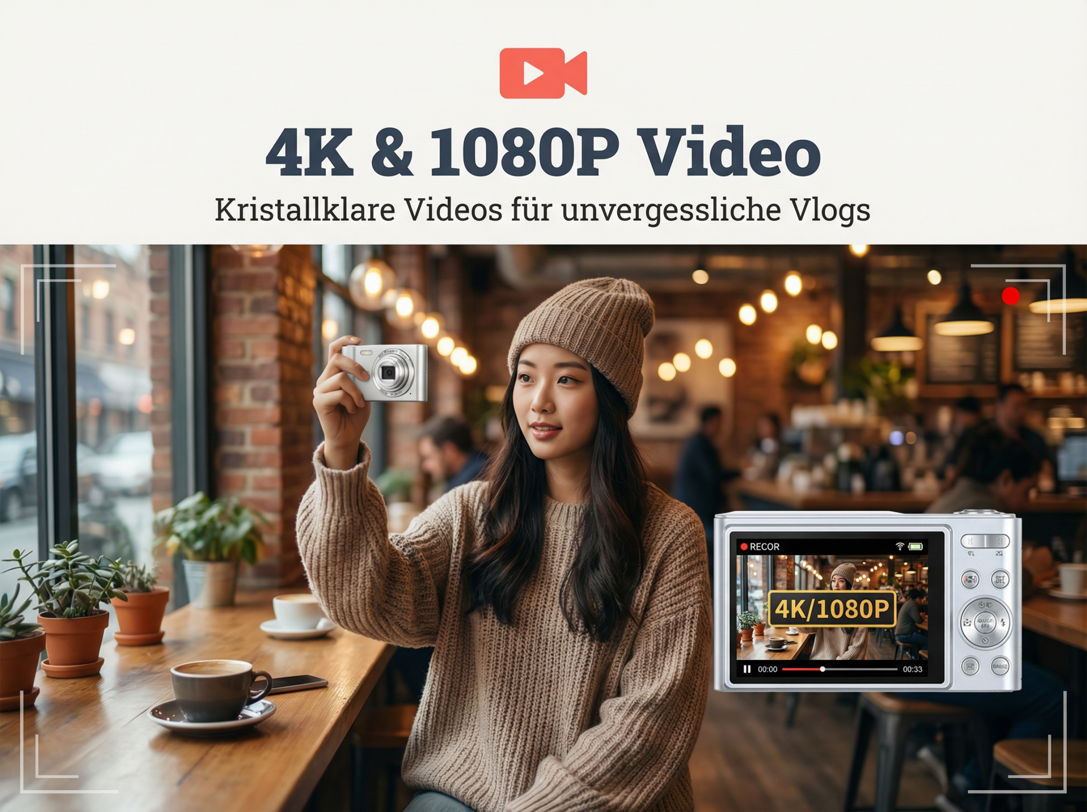 Eine Frau im Café macht ein Foto mit einer Digitalkamera, die 4K/1080P anzeigt.