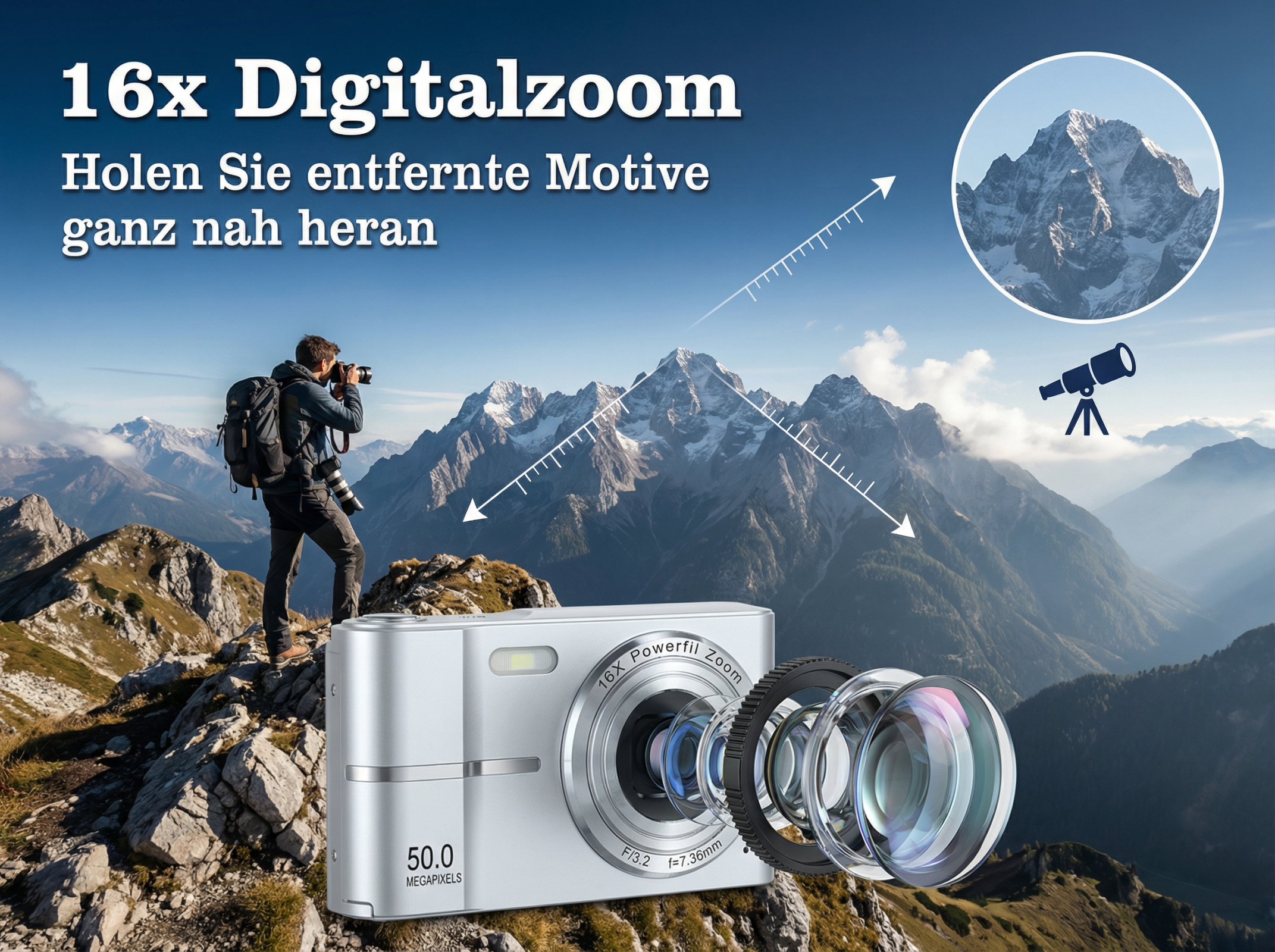 Ein Mann fotografiert Berge mit einer Kamera; Zoom-Effekt und Teleskop-Symbol.