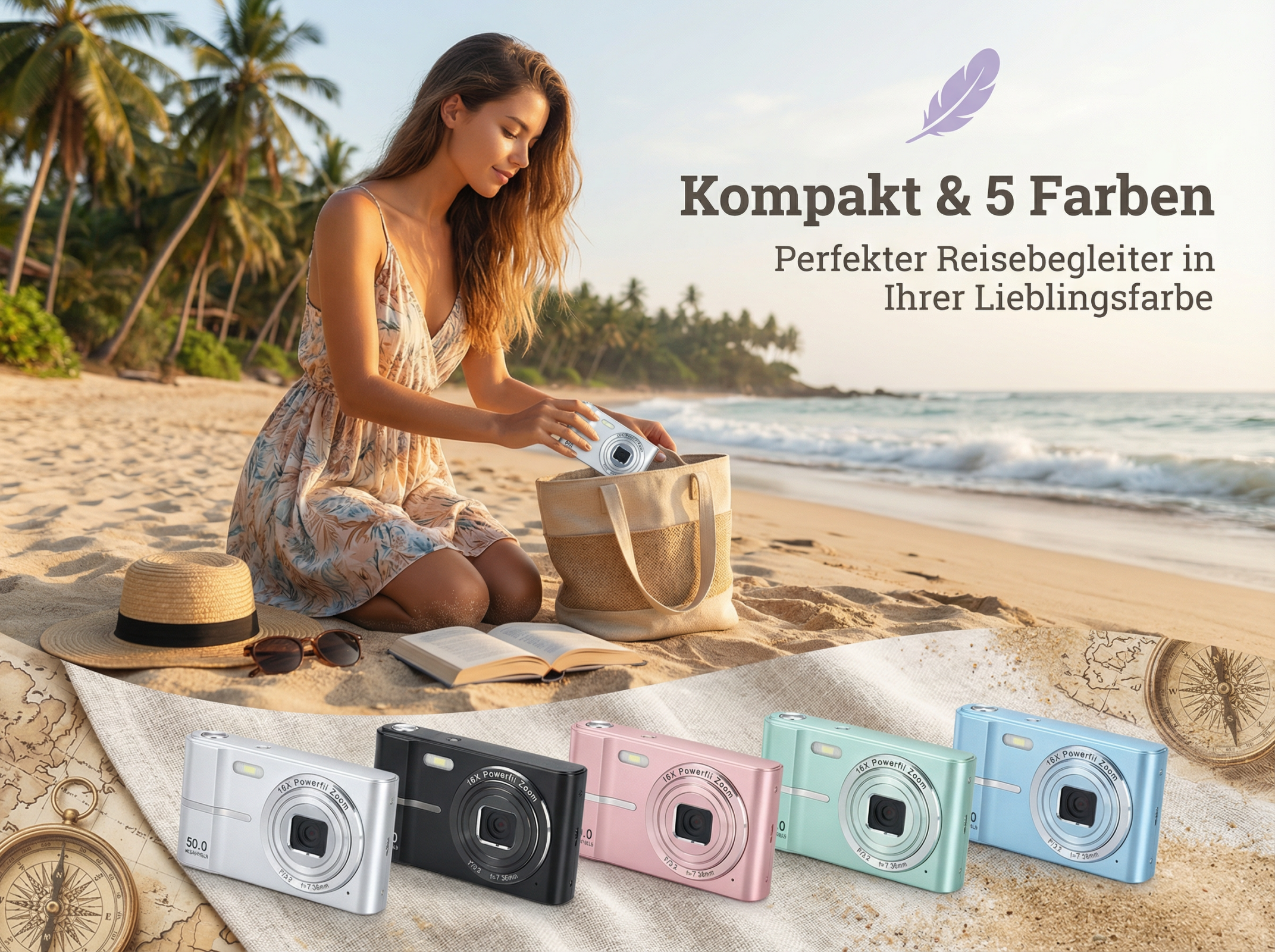 Eine Frau packt eine Kamera am Strand ein. Mehrere Kameras liegen vorn.