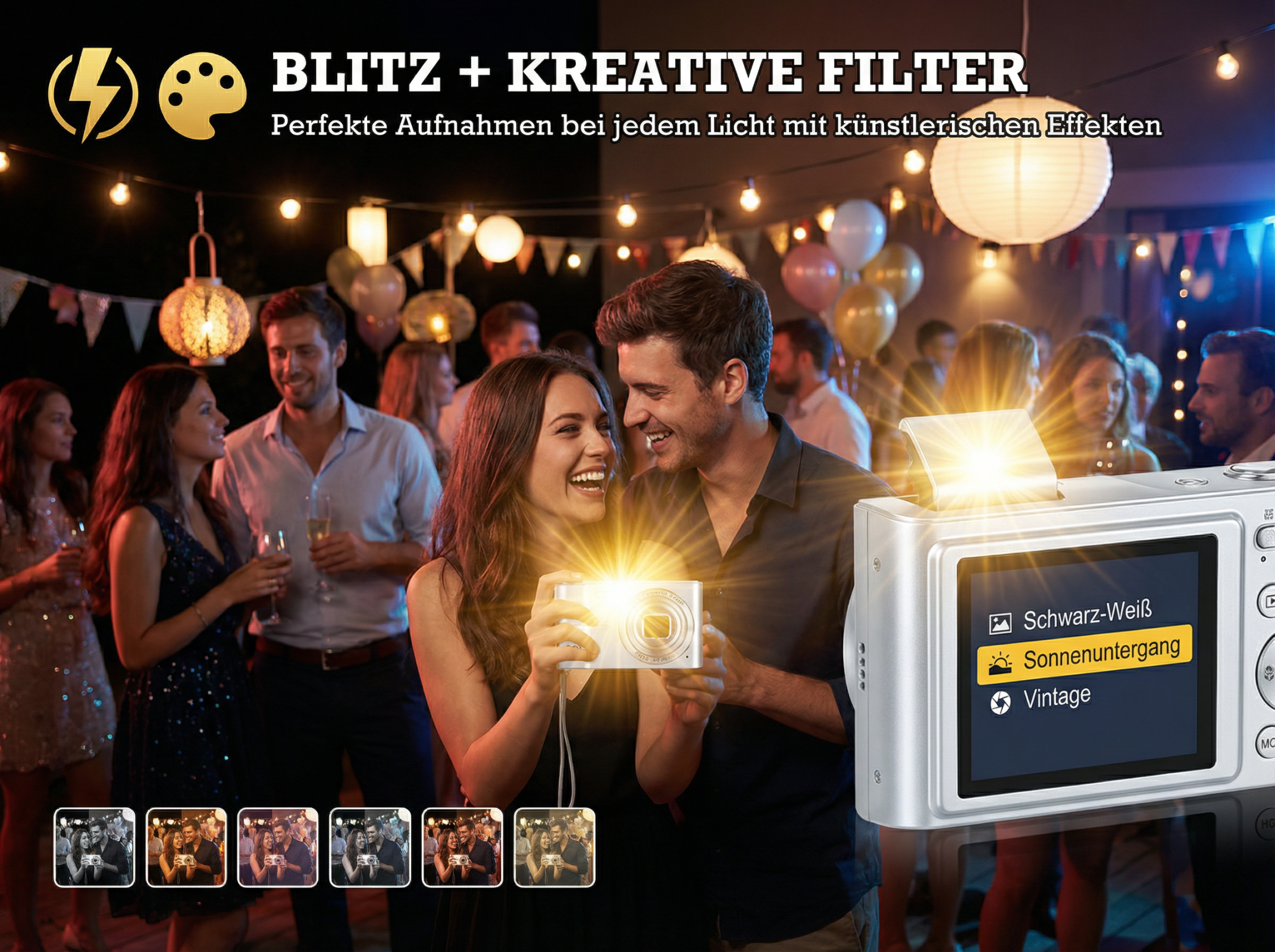 Ein Paar lacht und hält eine Kamera, die einen Blitz abgibt, bei einer Party.