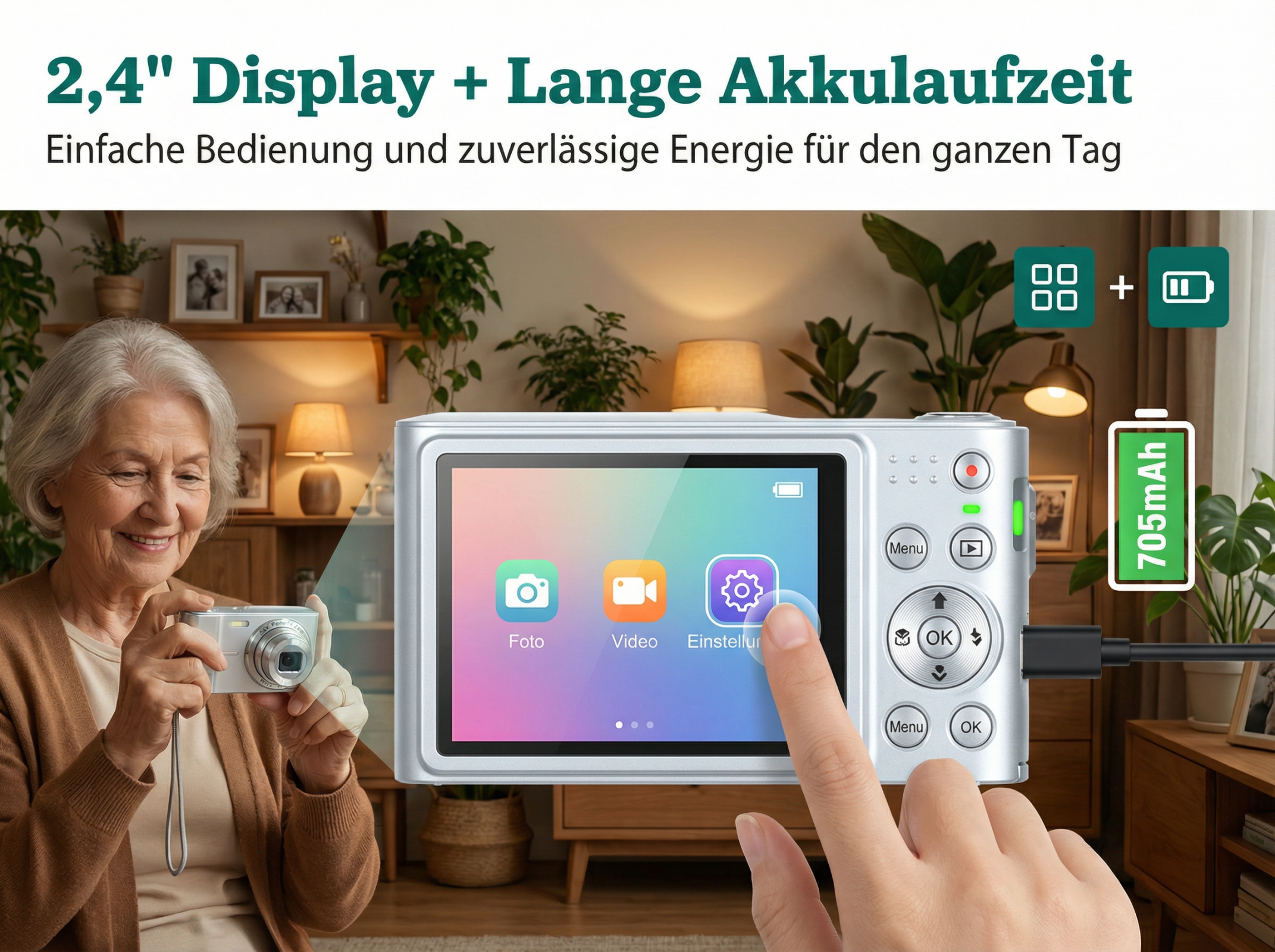 Ältere Frau hält eine Kamera, der Bildschirm zeigt App-Icons.
