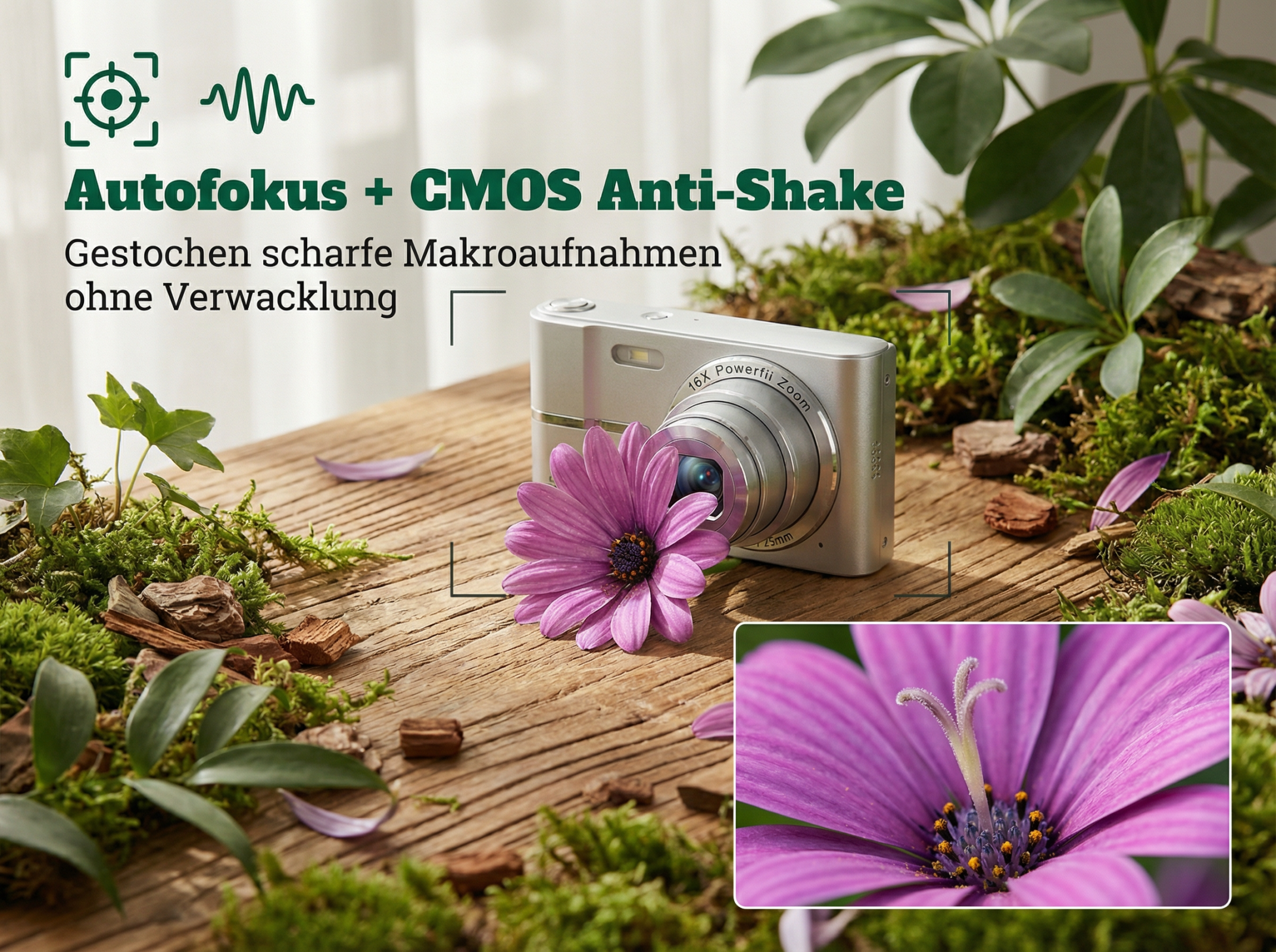 Silberne Kamera mit Fokus auf eine lila Blüte, umgeben von Moos und Holz.
