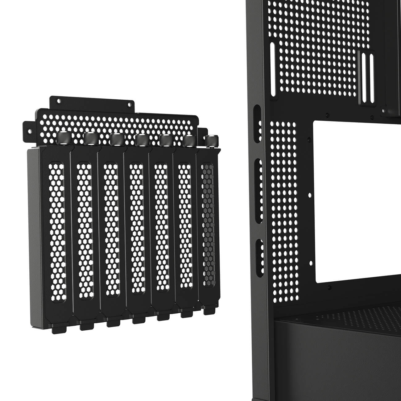 Un rack metallico nero con più slot e manopole accanto a uno chassis di computer.