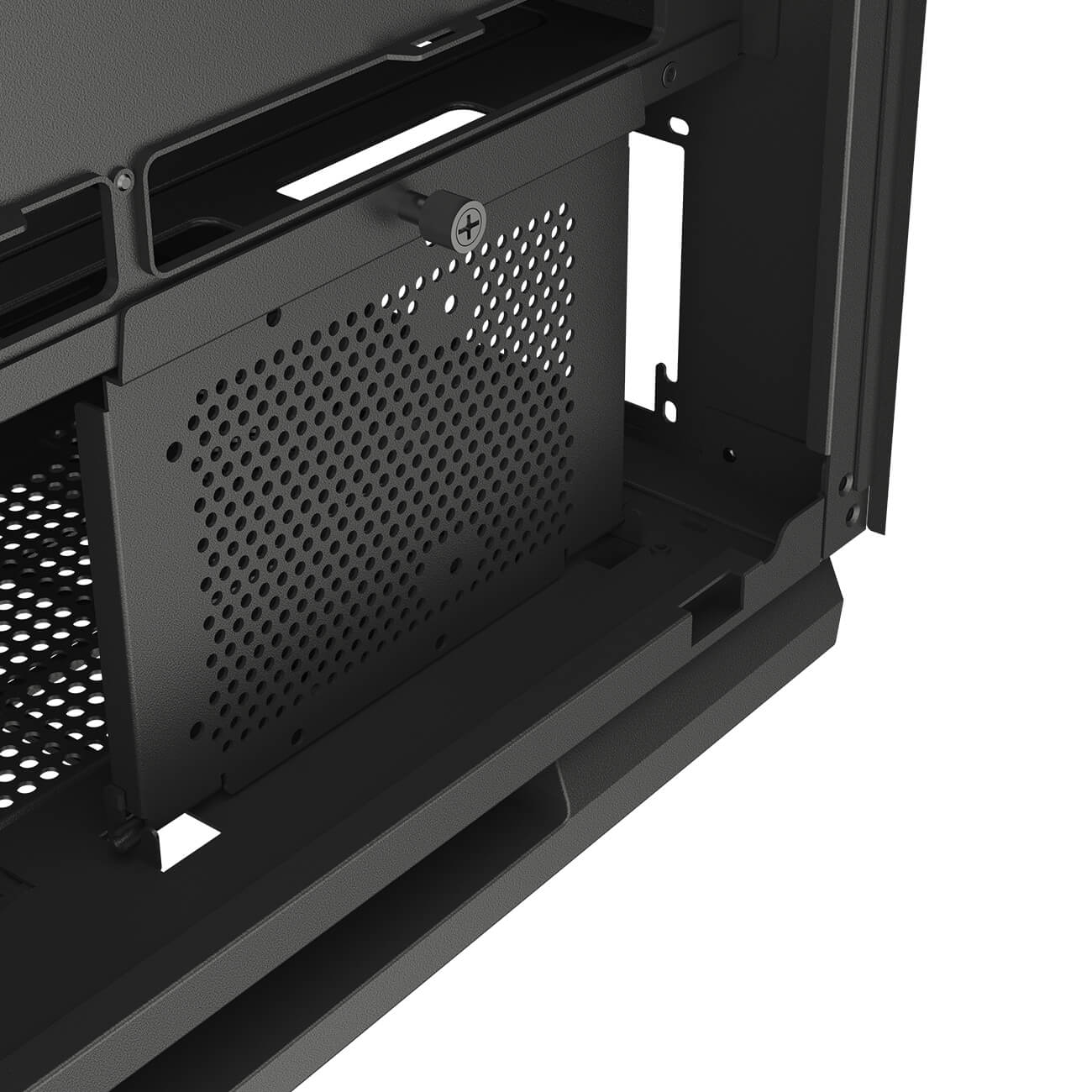 Dettaglio case PC nero con piastra forata e vite.