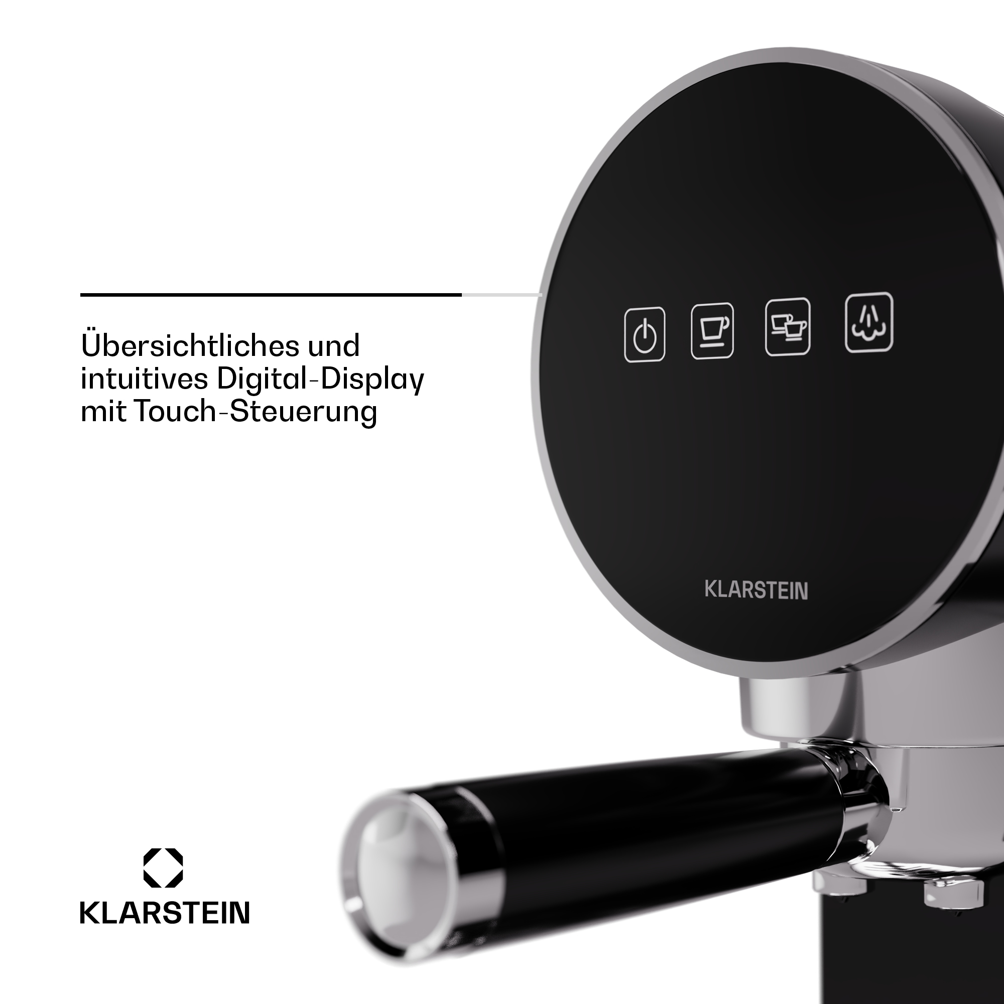 Macchina da caffè nera con display touch e accenti argentati.
